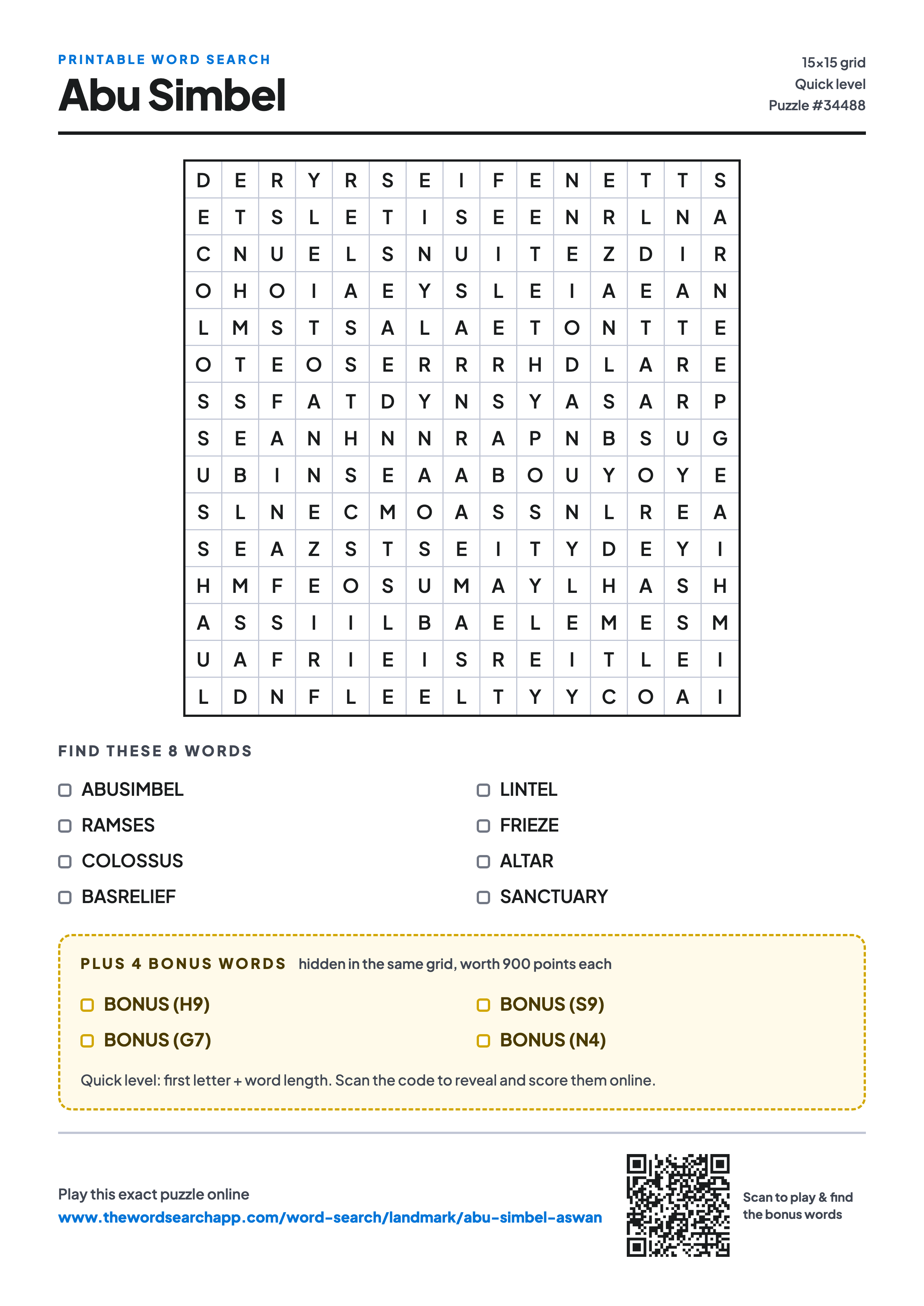 Printable Abu Simbel word search — 15×15 letter grid with 8 words to find including ABUSIMBEL, RAMSES, COLOSSUS, plus 4 hidden bonus words