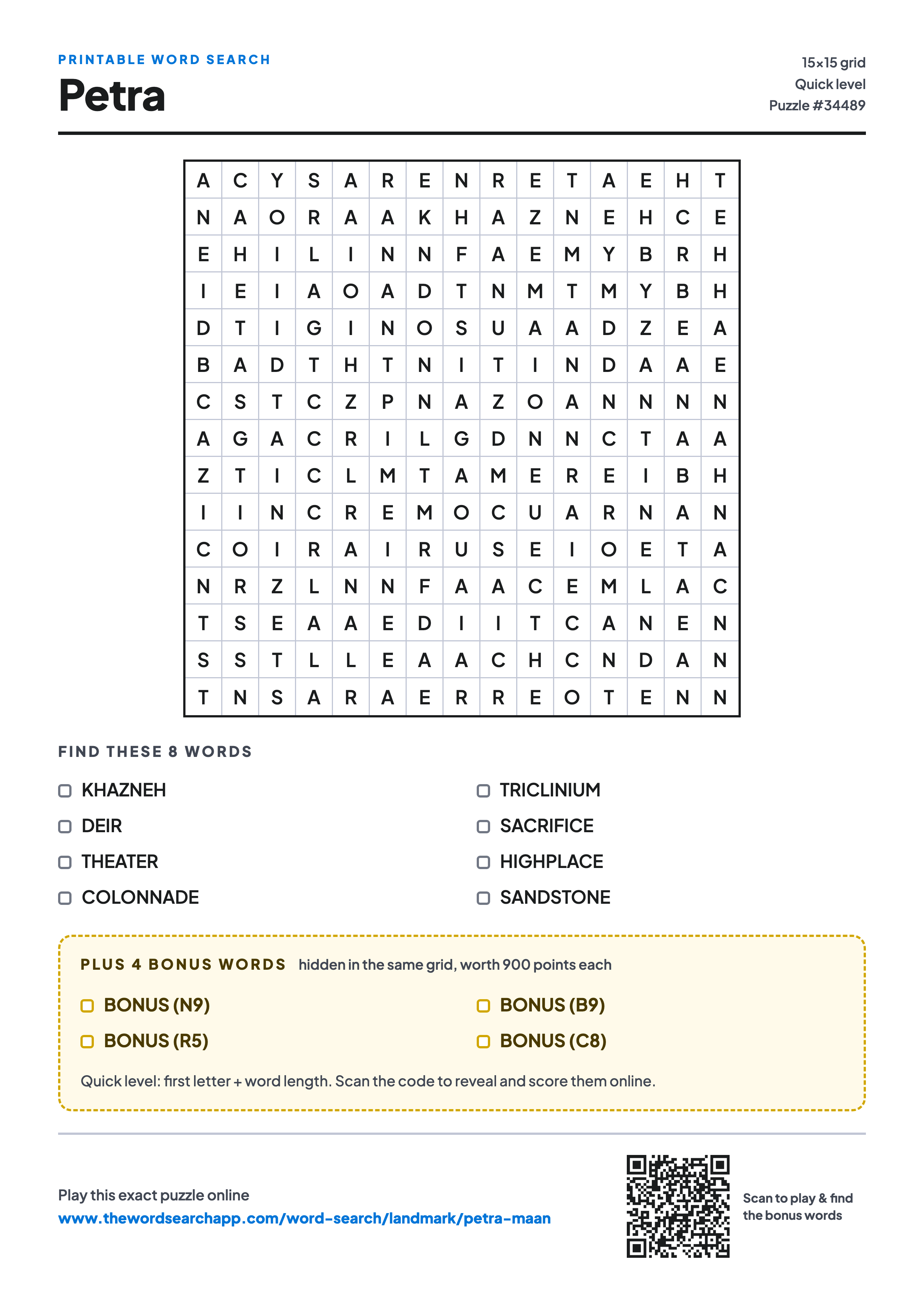 Printable Petra word search — 15×15 letter grid with 8 words to find including KHAZNEH, DEIR, THEATER, plus 4 hidden bonus words