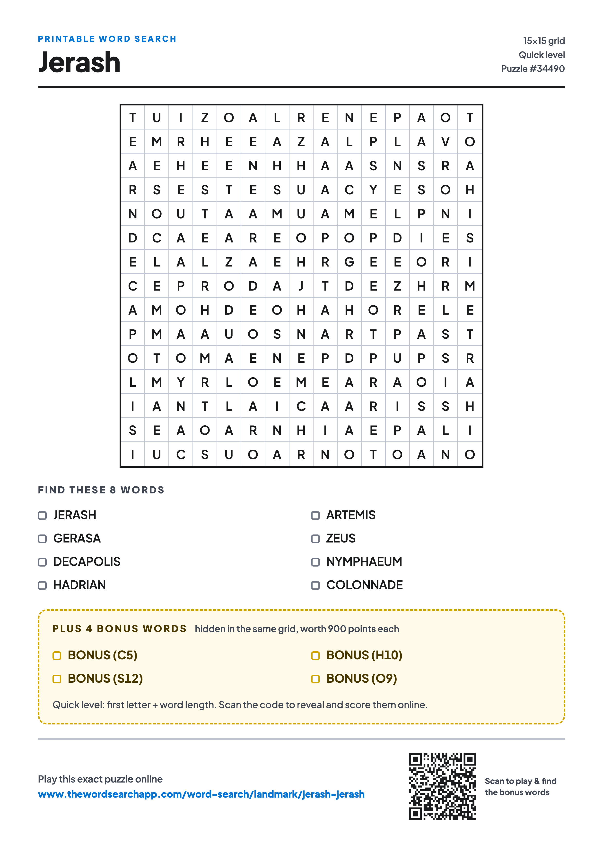 Printable Jerash word search — 15×15 letter grid with 8 words to find including JERASH, GERASA, DECAPOLIS, plus 4 hidden bonus words