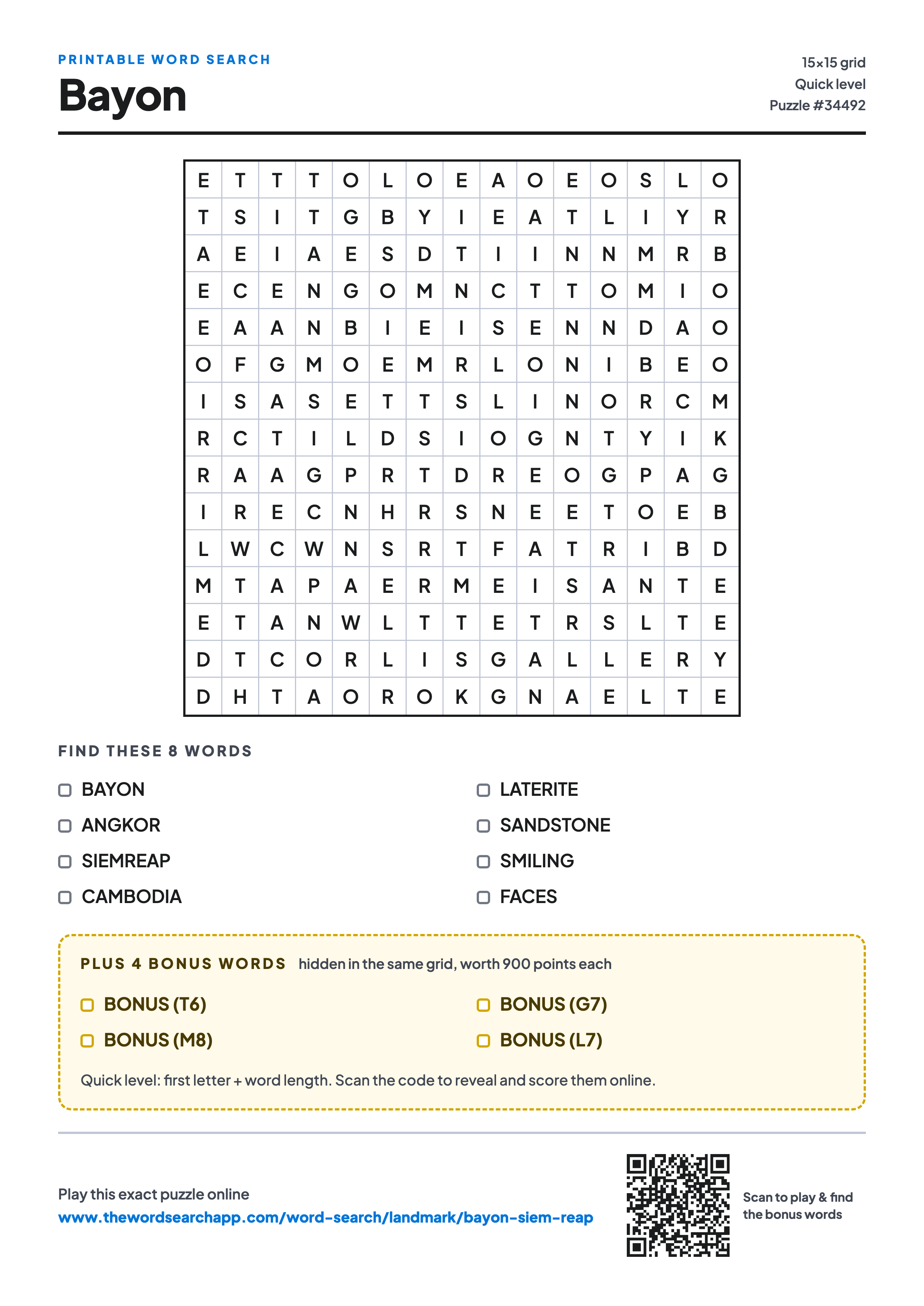 Printable Bayon word search — 15×15 letter grid with 8 words to find including BAYON, ANGKOR, SIEMREAP, plus 4 hidden bonus words