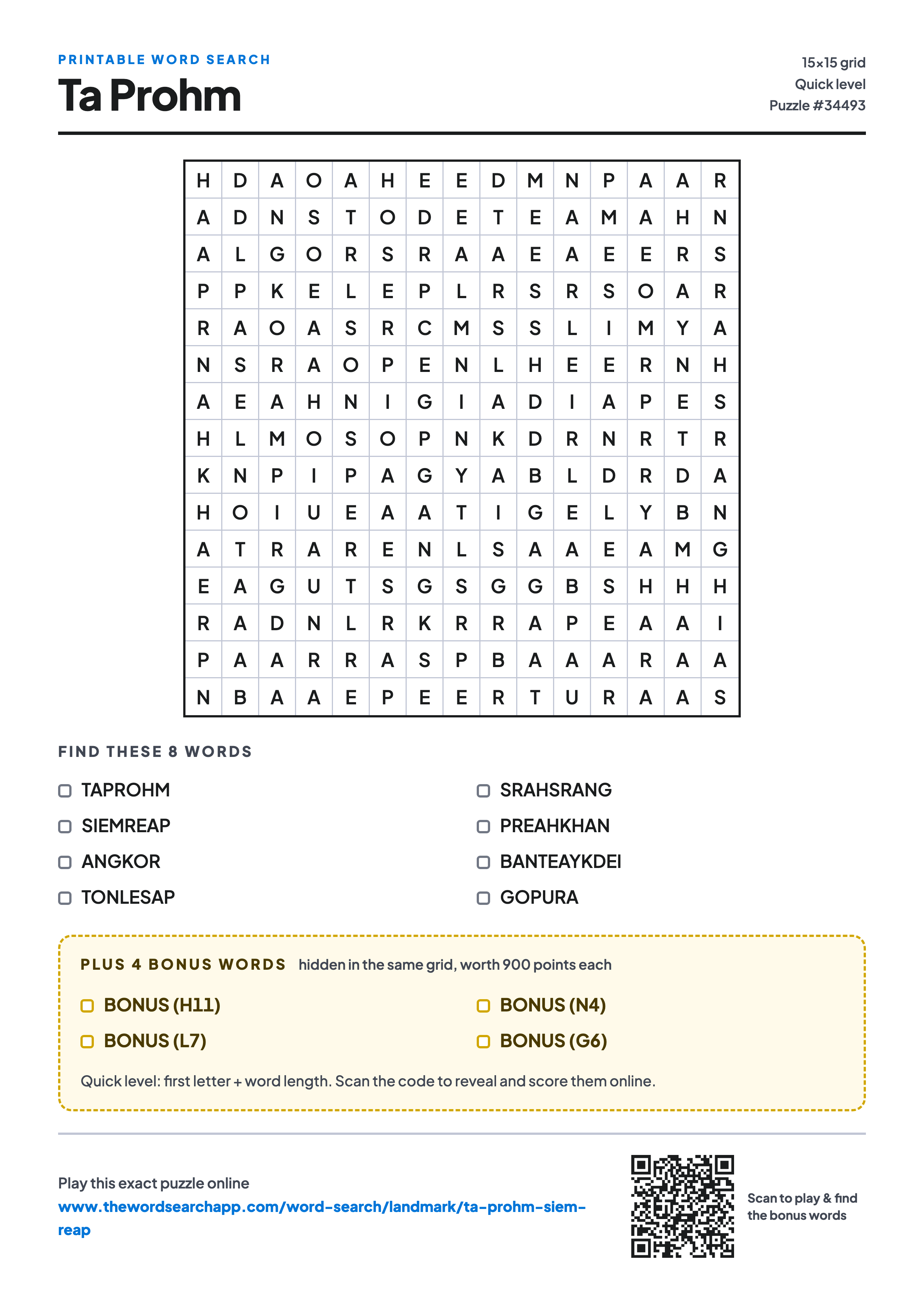 Printable Ta Prohm word search — 15×15 letter grid with 8 words to find including TAPROHM, SIEMREAP, ANGKOR, plus 4 hidden bonus words