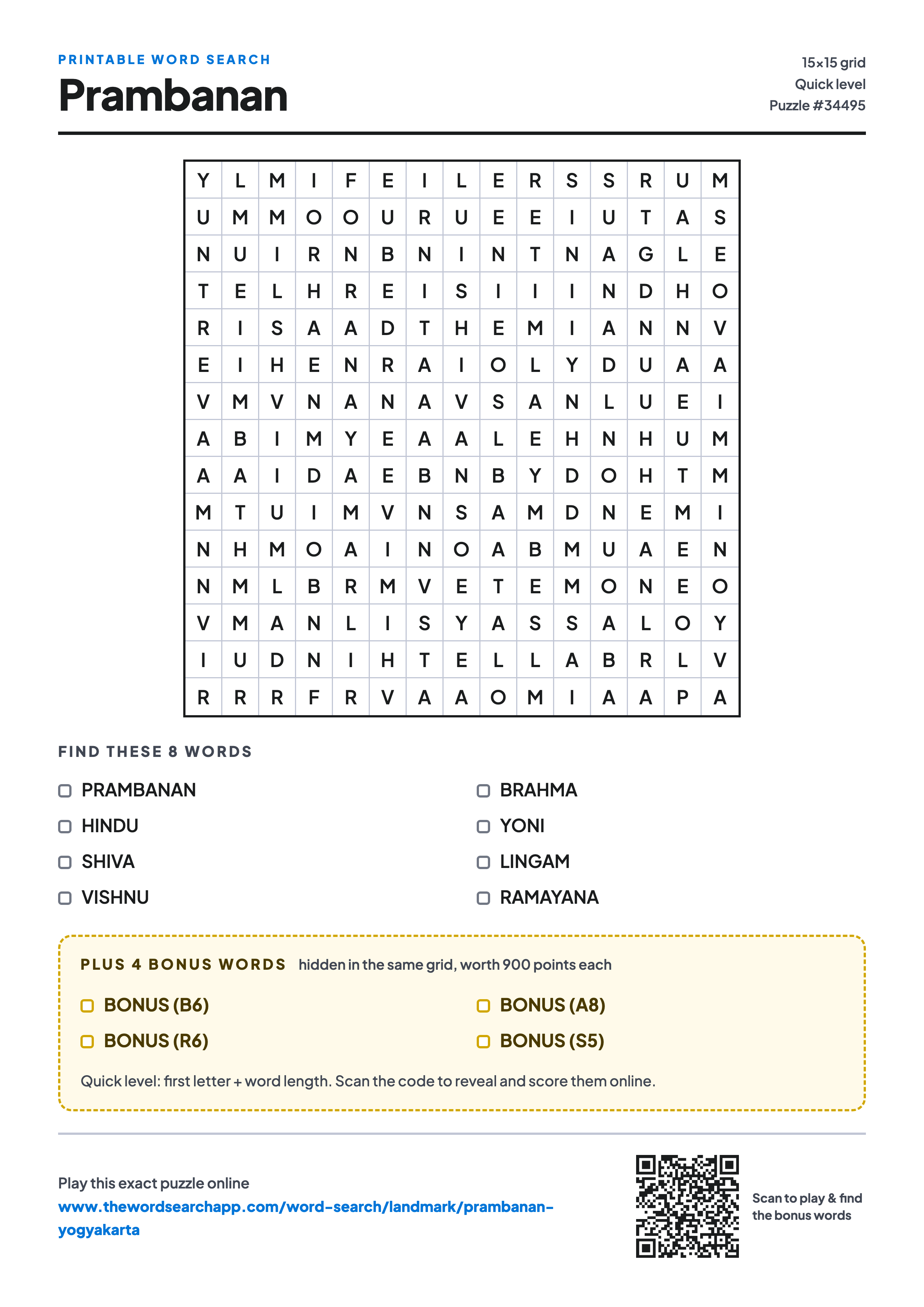 Printable Prambanan word search — 15×15 letter grid with 8 words to find including PRAMBANAN, HINDU, SHIVA, plus 4 hidden bonus words