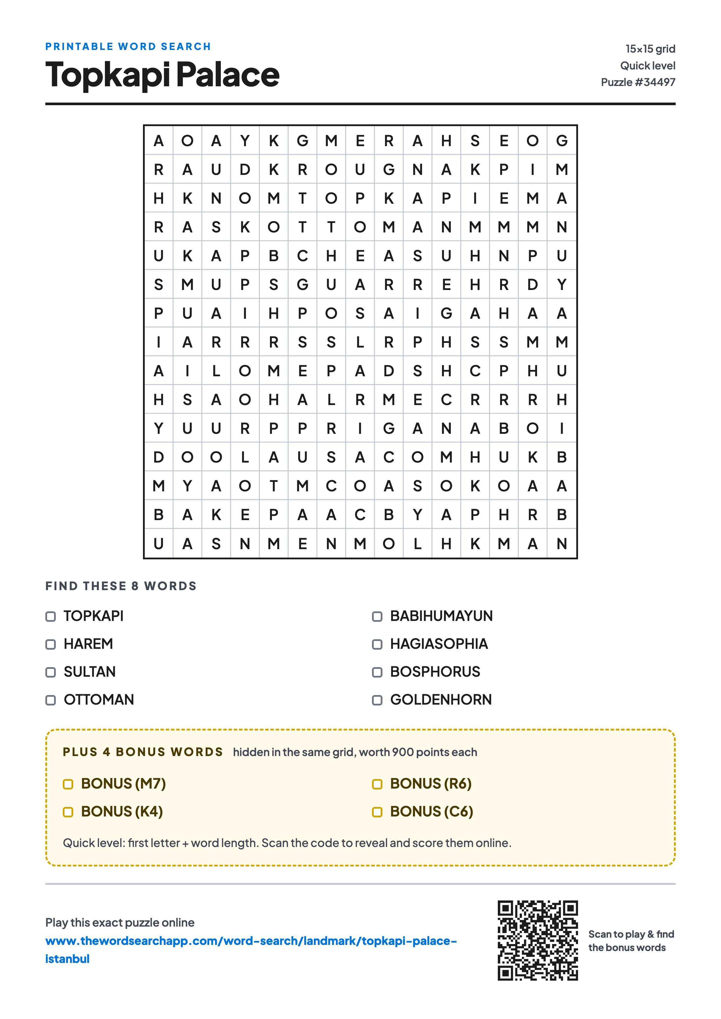 Printable Topkapi Palace word search — 15×15 letter grid with 8 words to find including TOPKAPI, HAREM, SULTAN, plus 4 hidden bonus words