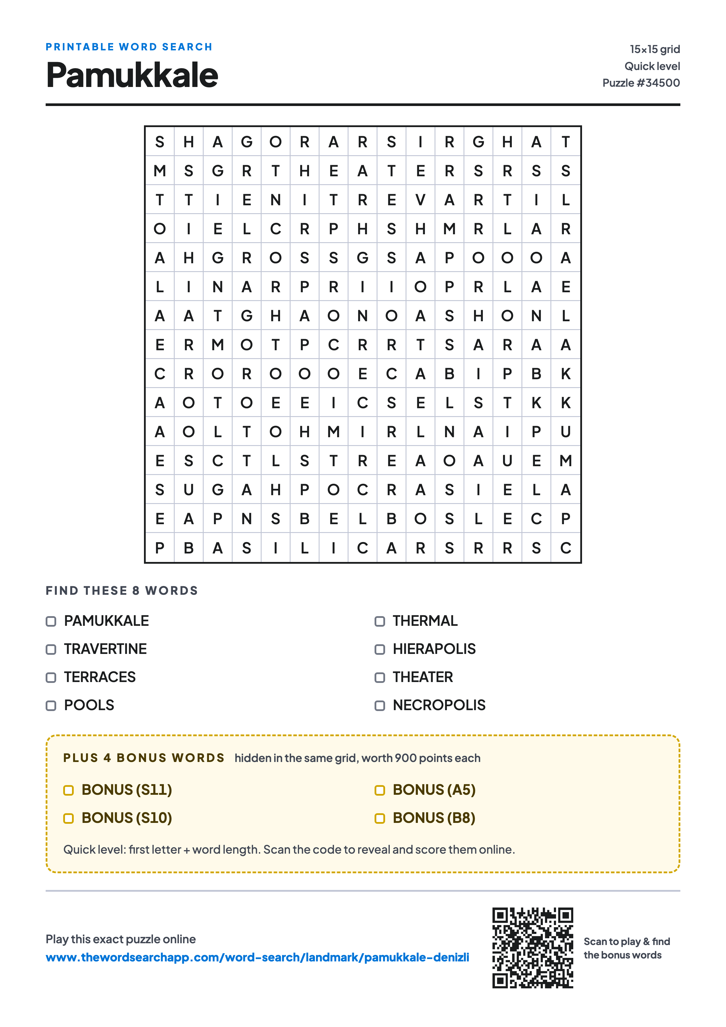Printable Pamukkale word search — 15×15 letter grid with 8 words to find including PAMUKKALE, TRAVERTINE, TERRACES, plus 4 hidden bonus words