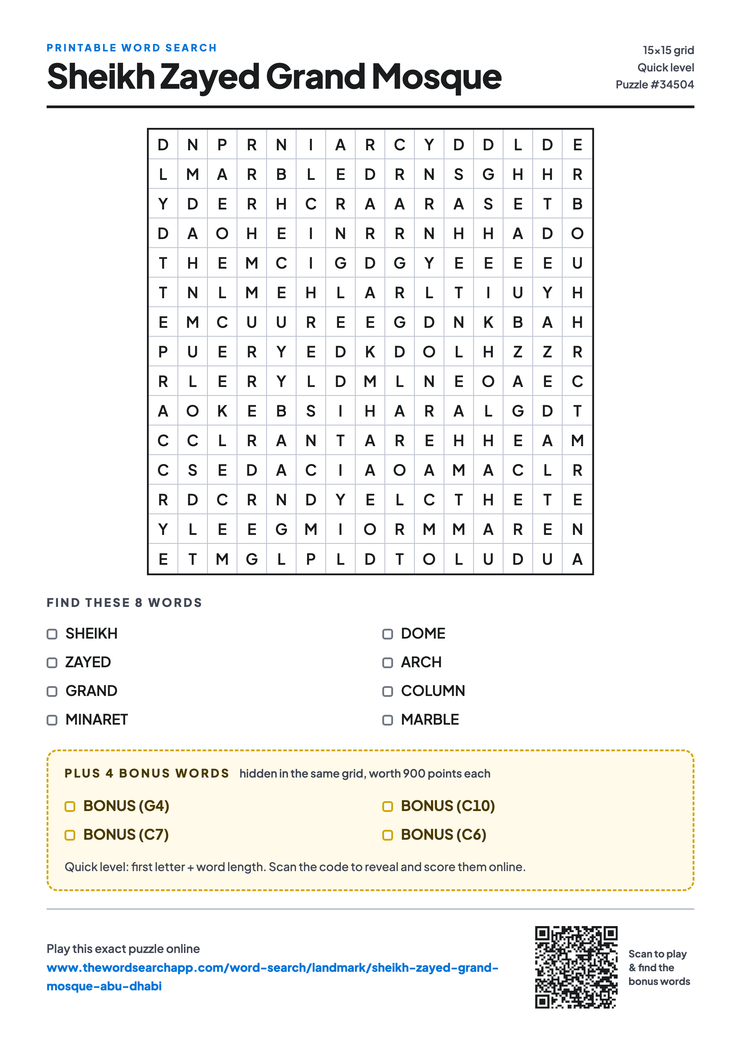 Printable Sheikh Zayed Grand Mosque word search — 15×15 letter grid with 8 words to find including SHEIKH, ZAYED, GRAND, plus 4 hidden bonus words