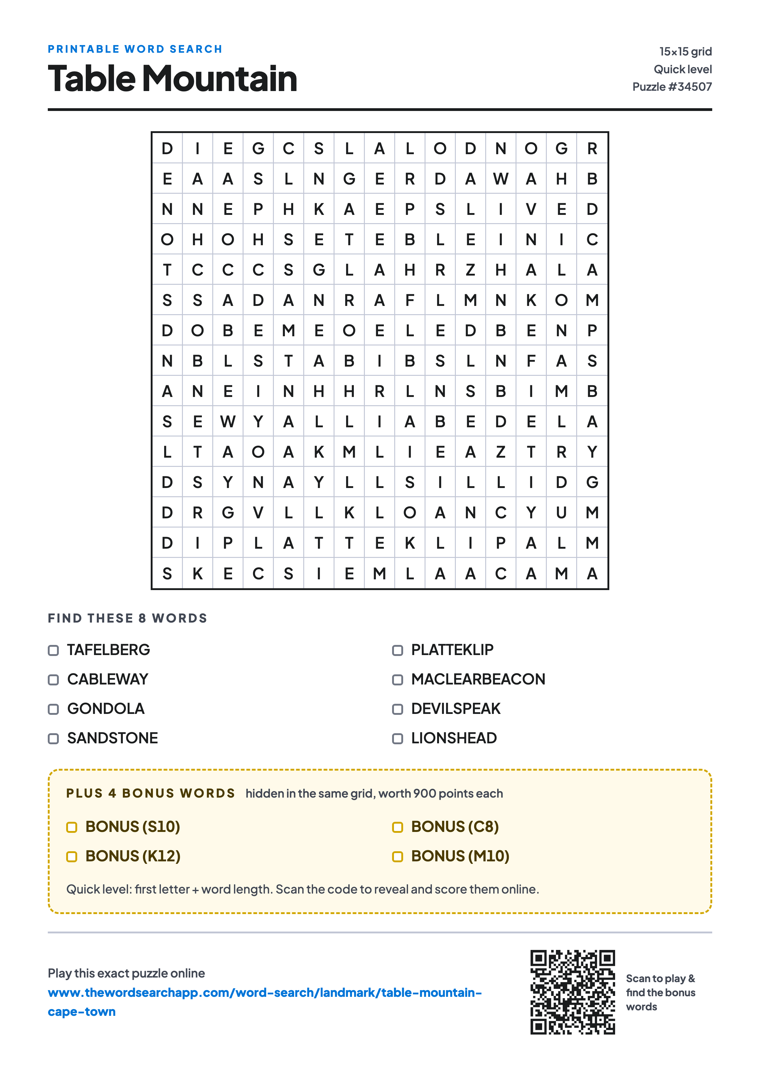 Printable Table Mountain word search — 15×15 letter grid with 8 words to find including TAFELBERG, CABLEWAY, GONDOLA, plus 4 hidden bonus words