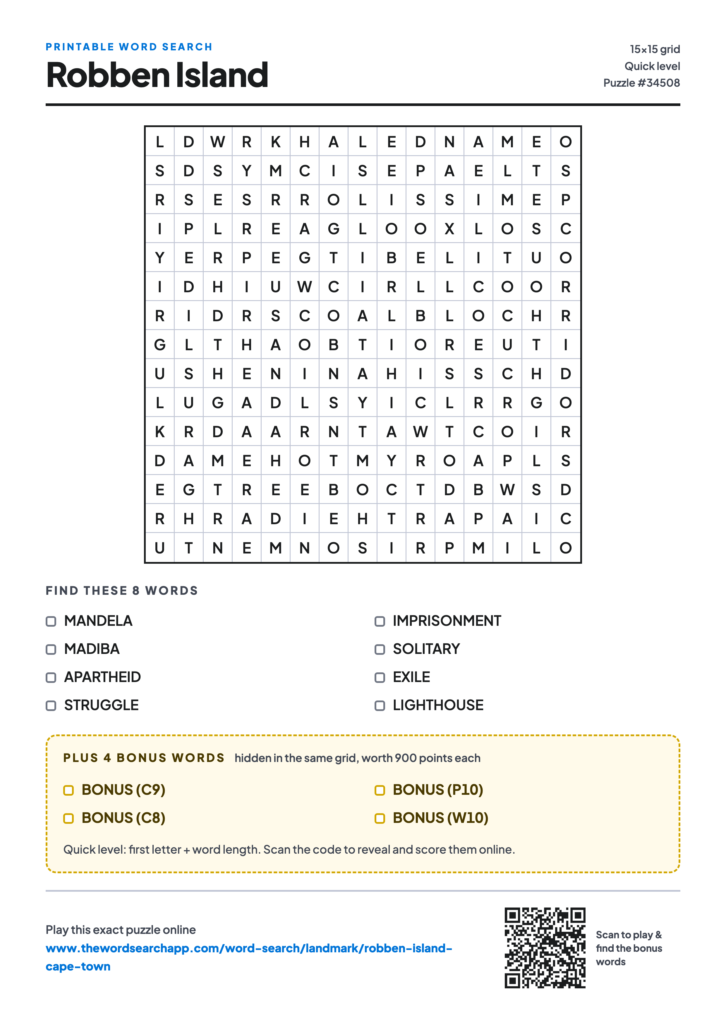Printable Robben Island word search — 15×15 letter grid with 8 words to find including MANDELA, MADIBA, APARTHEID, plus 4 hidden bonus words