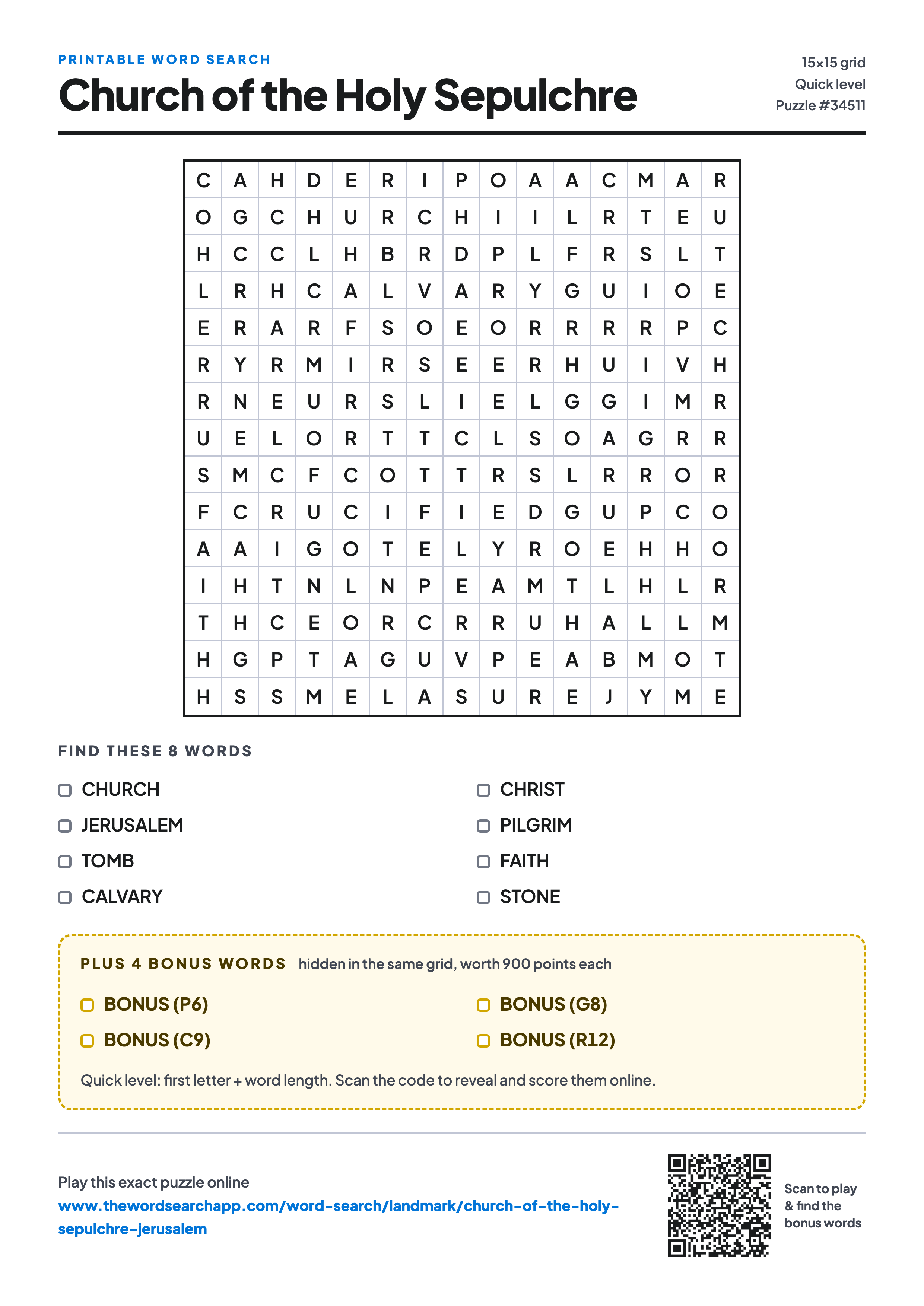 Printable Church of the Holy Sepulchre word search — 15×15 letter grid with 8 words to find including CHURCH, JERUSALEM, TOMB, plus 4 hidden bonus words
