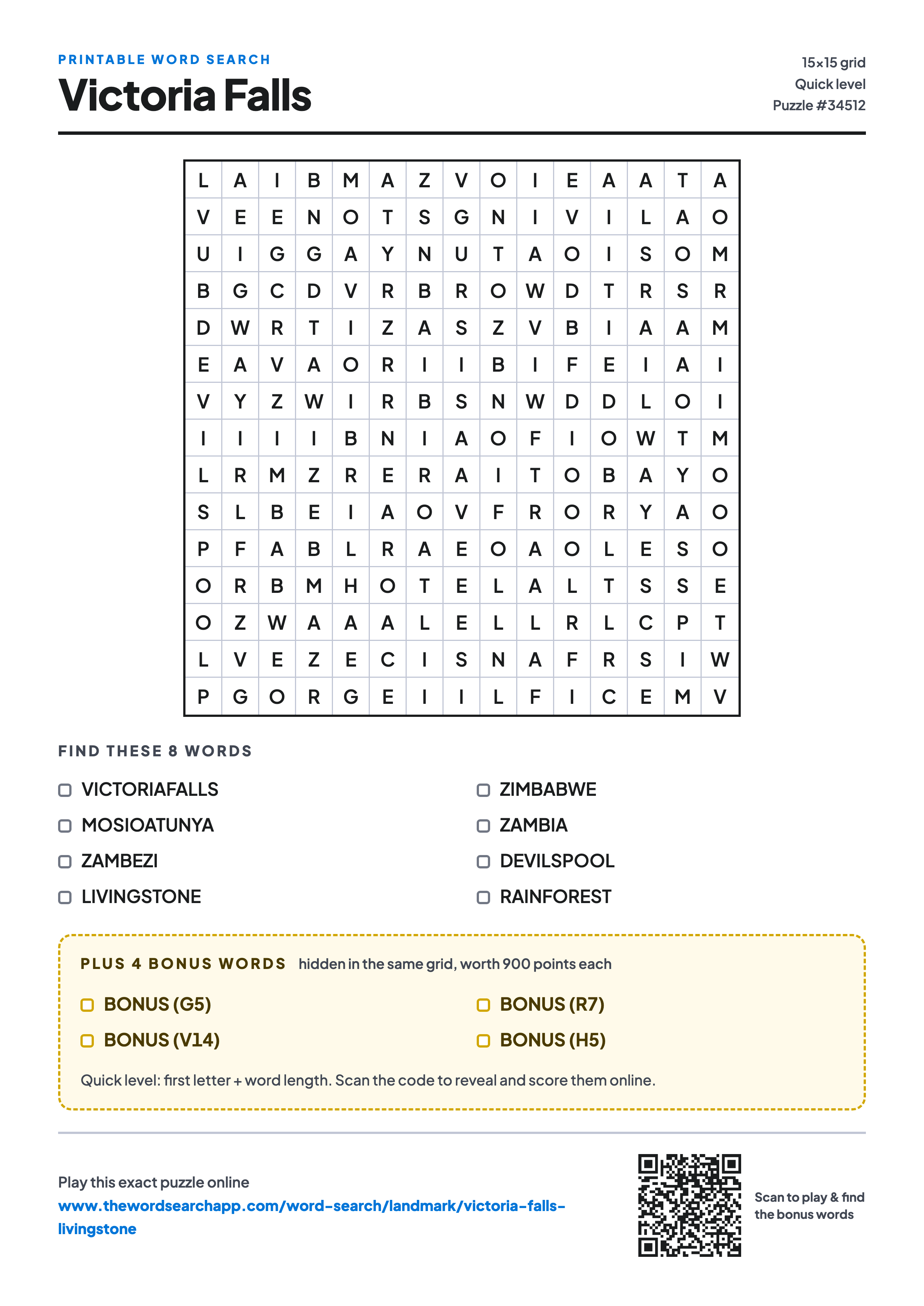 Printable Victoria Falls word search — 15×15 letter grid with 8 words to find including VICTORIAFALLS, MOSIOATUNYA, ZAMBEZI, plus 4 hidden bonus words