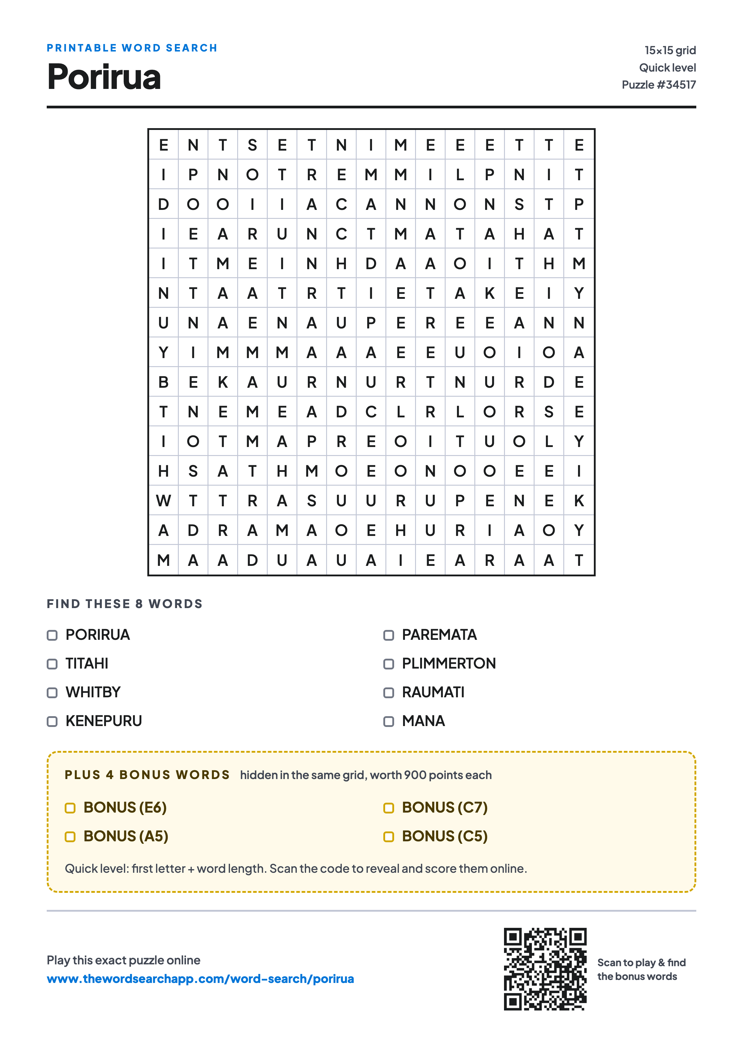 Printable Porirua word search — 15×15 letter grid with 8 words to find including PORIRUA, TITAHI, WHITBY, plus 4 hidden bonus words