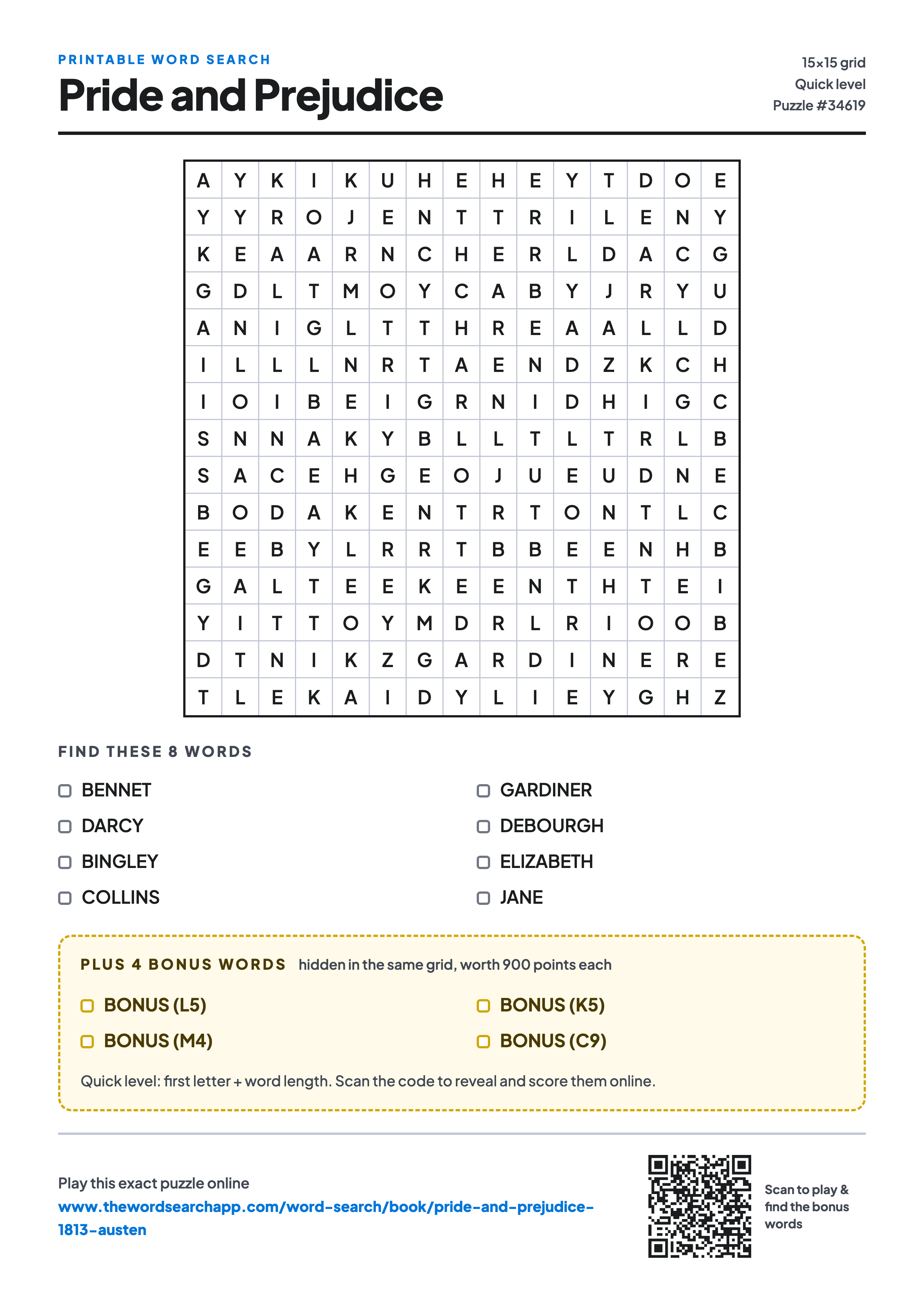 Printable Pride and Prejudice word search — 15×15 letter grid with 8 words to find including BENNET, DARCY, BINGLEY, plus 4 hidden bonus words