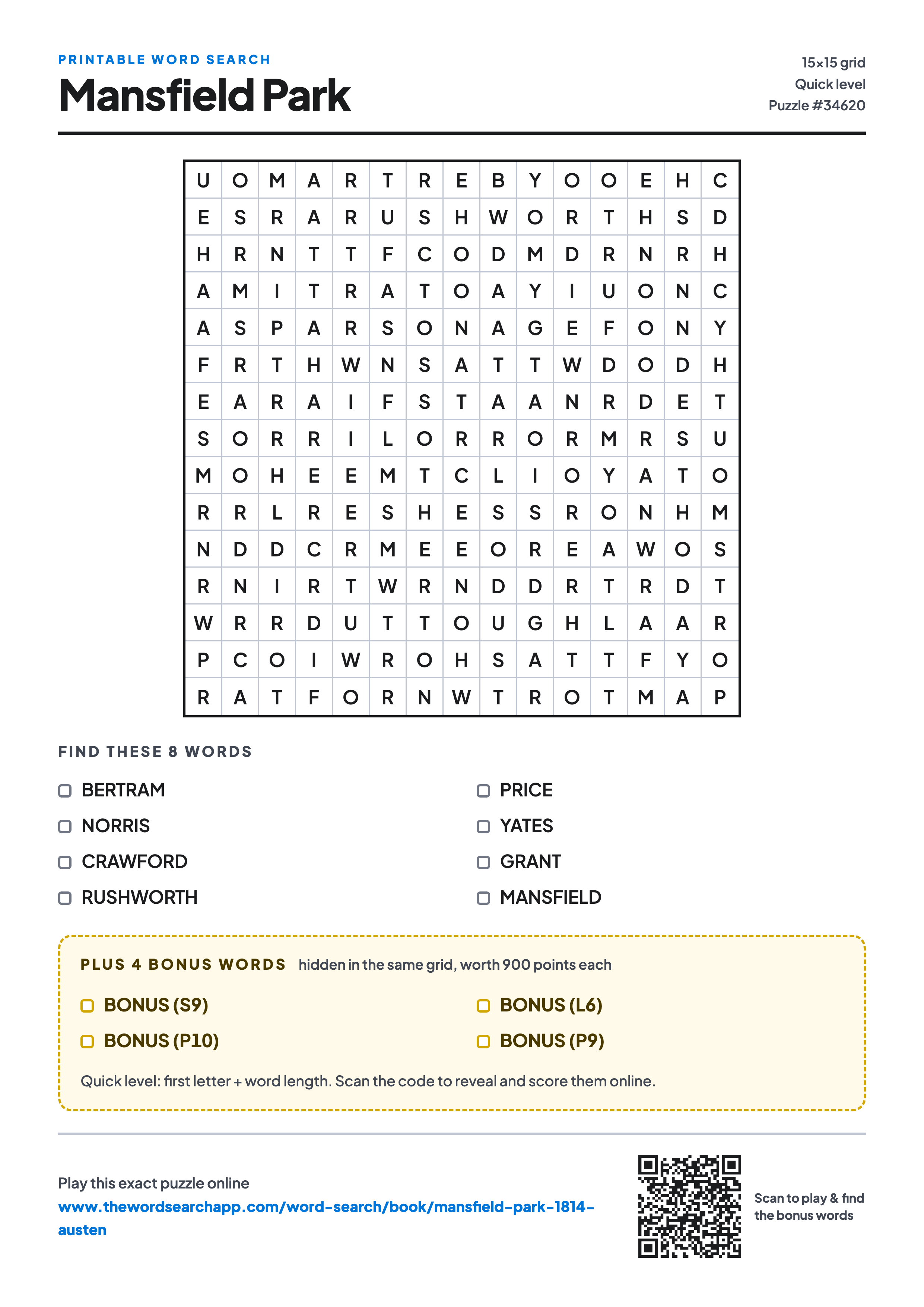 Printable Mansfield Park word search — 15×15 letter grid with 8 words to find including BERTRAM, NORRIS, CRAWFORD, plus 4 hidden bonus words