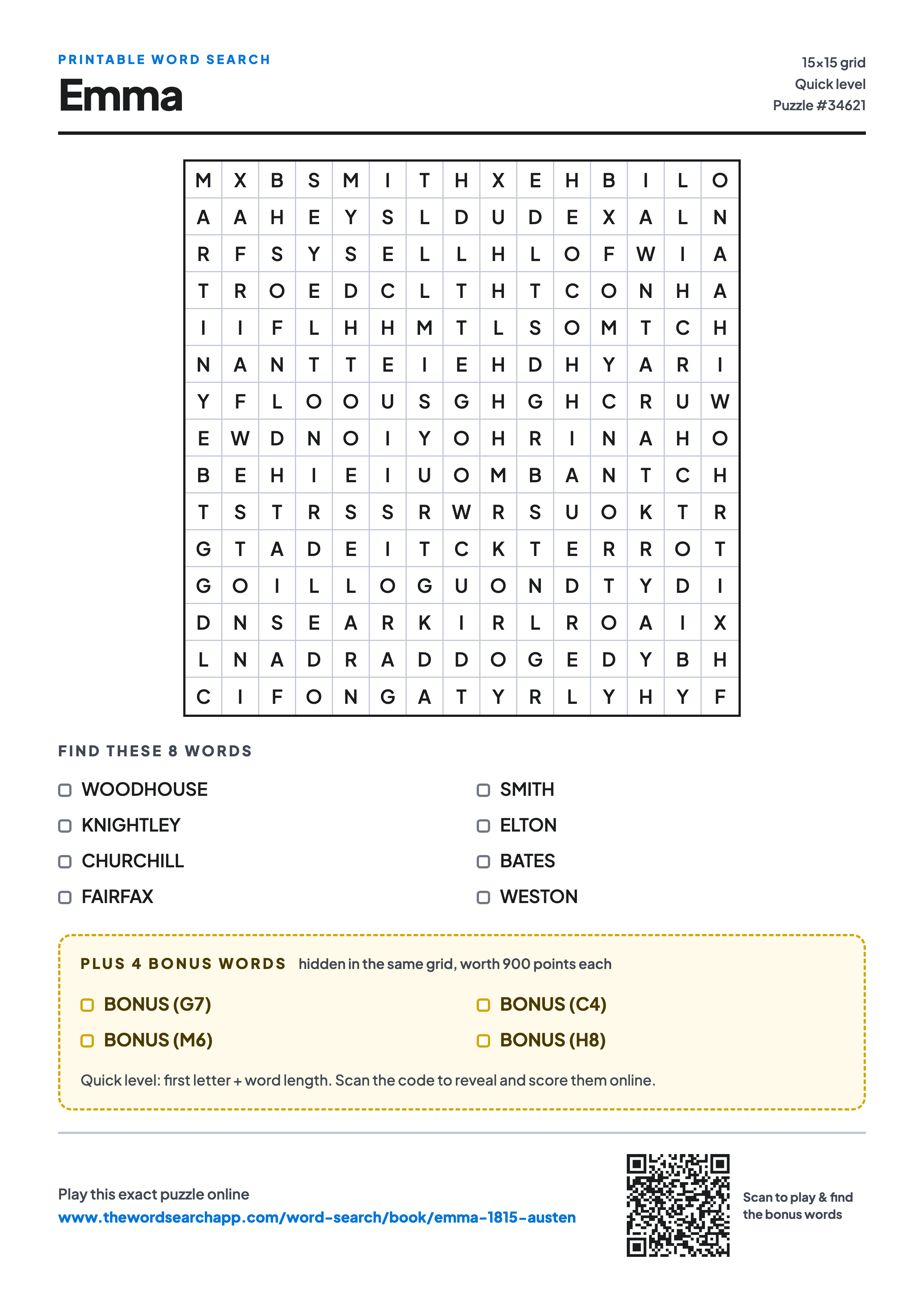 Printable Emma word search — 15×15 letter grid with 8 words to find including WOODHOUSE, KNIGHTLEY, CHURCHILL, plus 4 hidden bonus words
