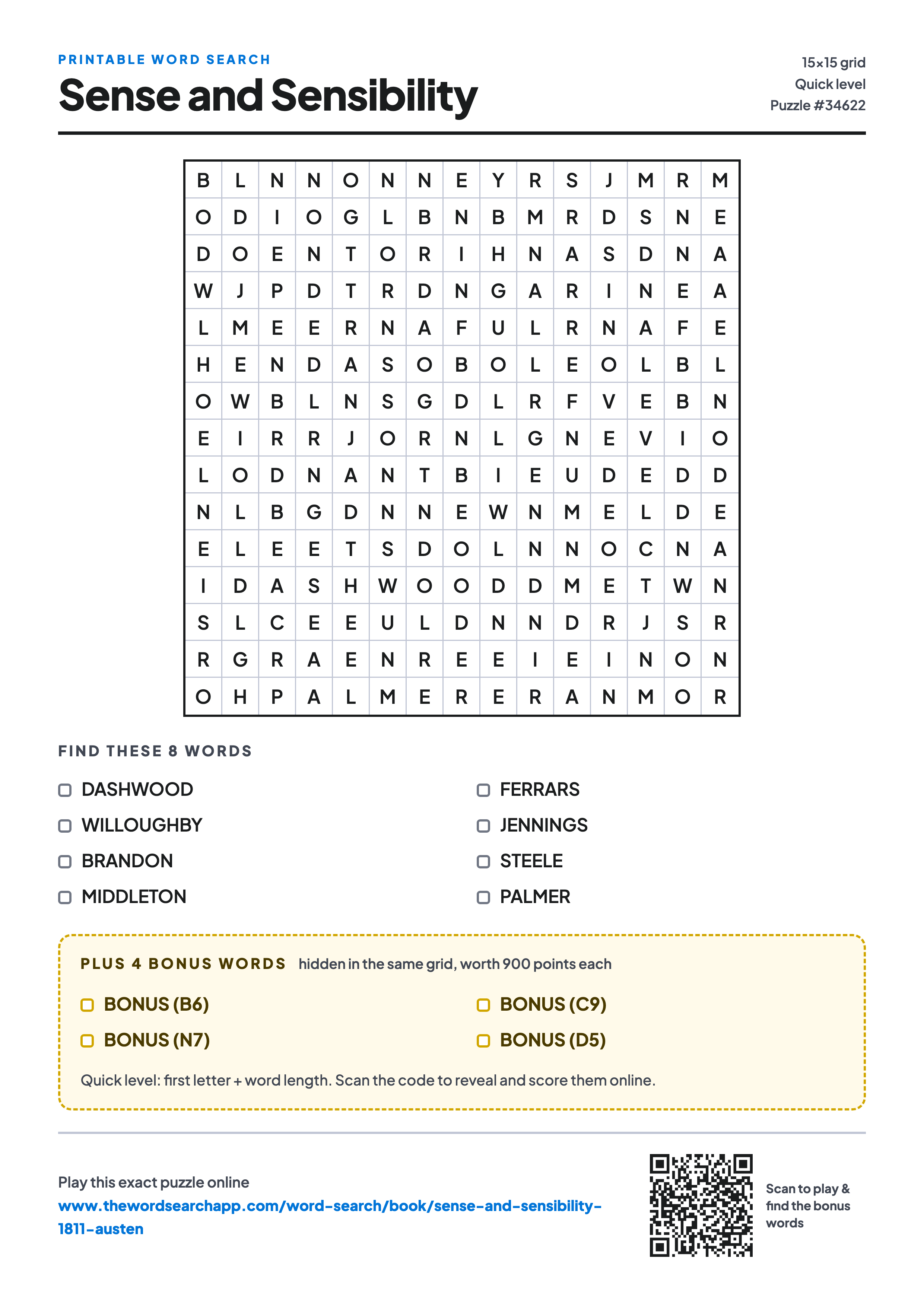 Printable Sense and Sensibility word search — 15×15 letter grid with 8 words to find including DASHWOOD, WILLOUGHBY, BRANDON, plus 4 hidden bonus words