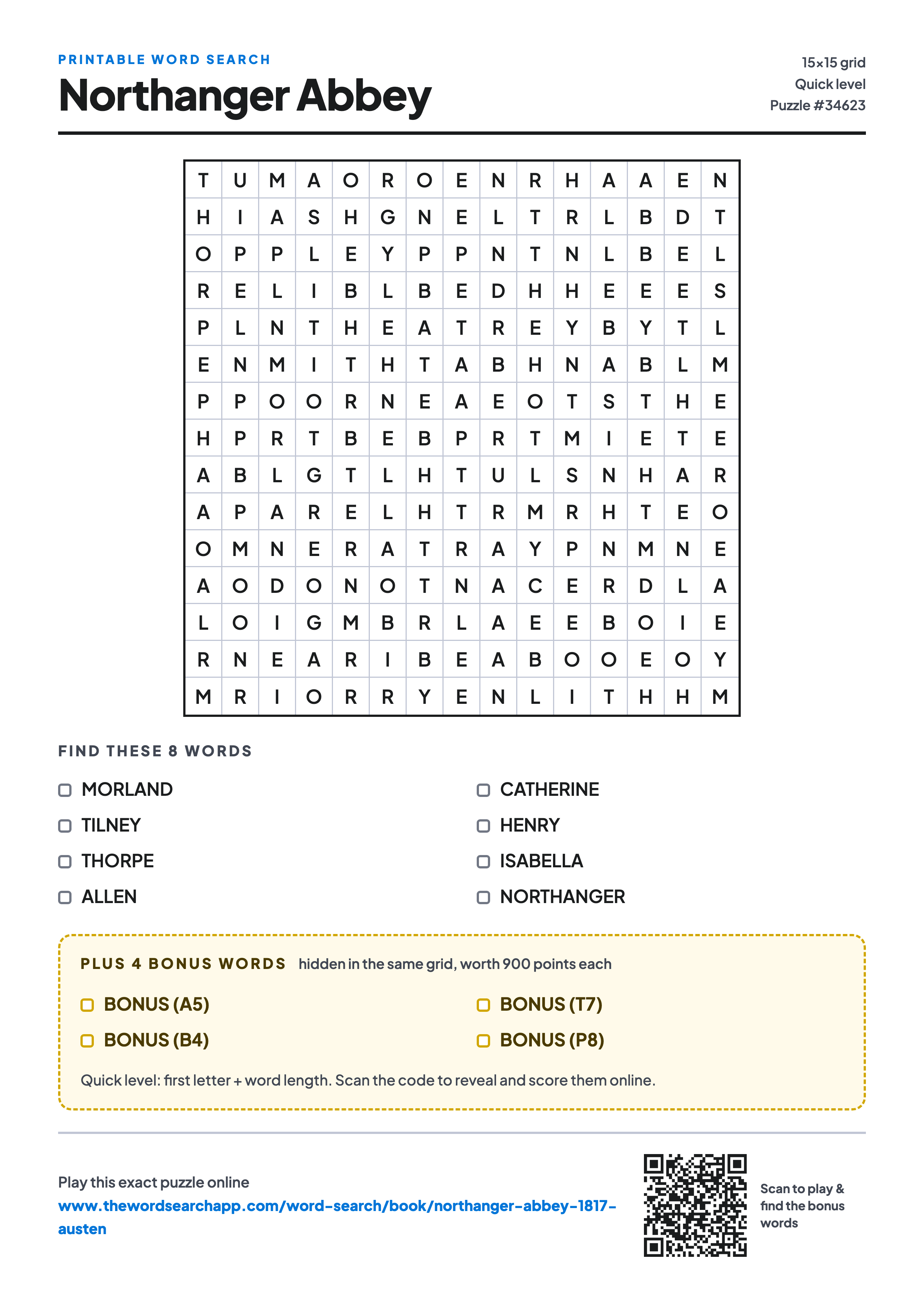 Printable Northanger Abbey word search — 15×15 letter grid with 8 words to find including MORLAND, TILNEY, THORPE, plus 4 hidden bonus words
