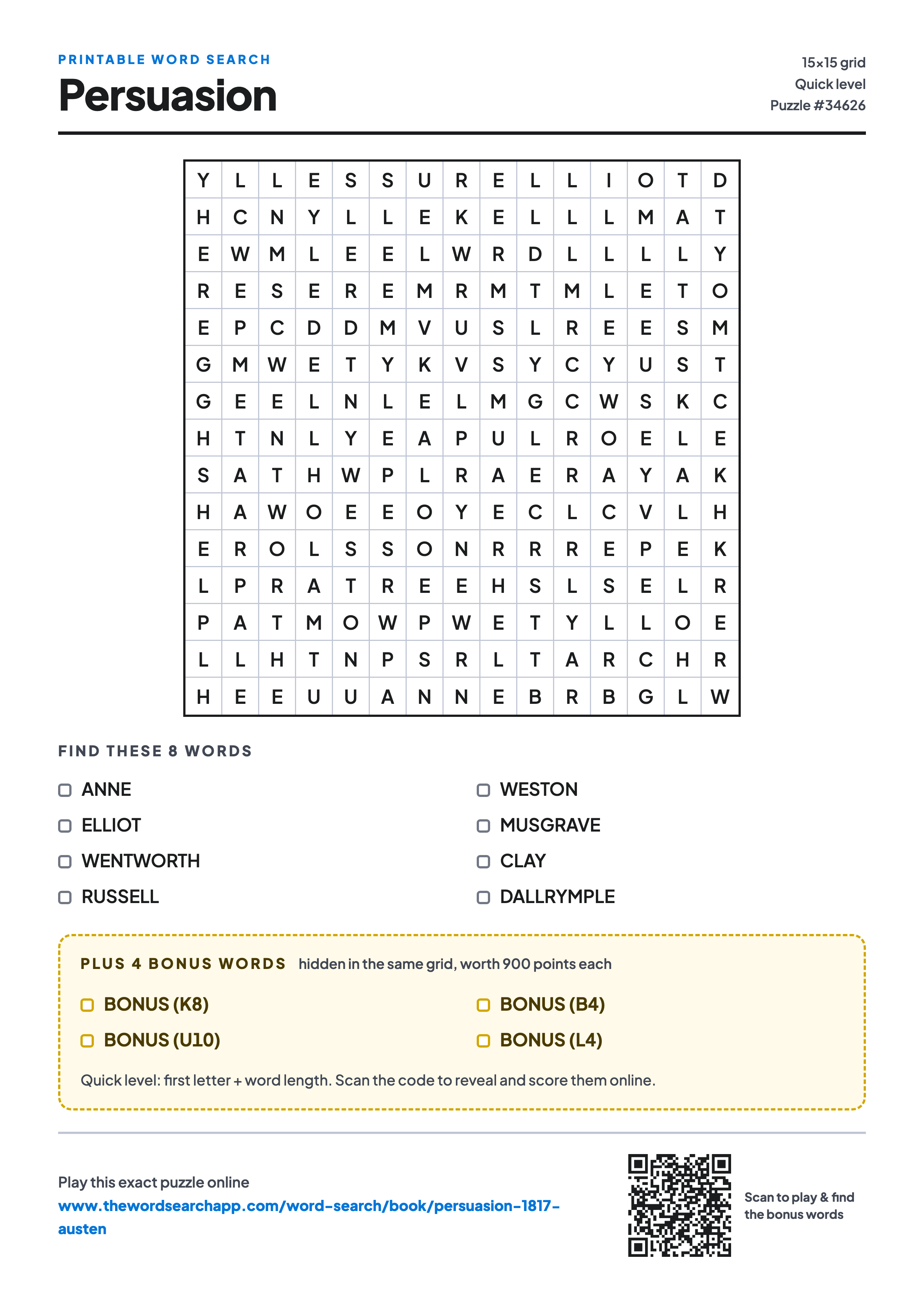 Printable Persuasion word search — 15×15 letter grid with 8 words to find including ANNE, ELLIOT, WENTWORTH, plus 4 hidden bonus words