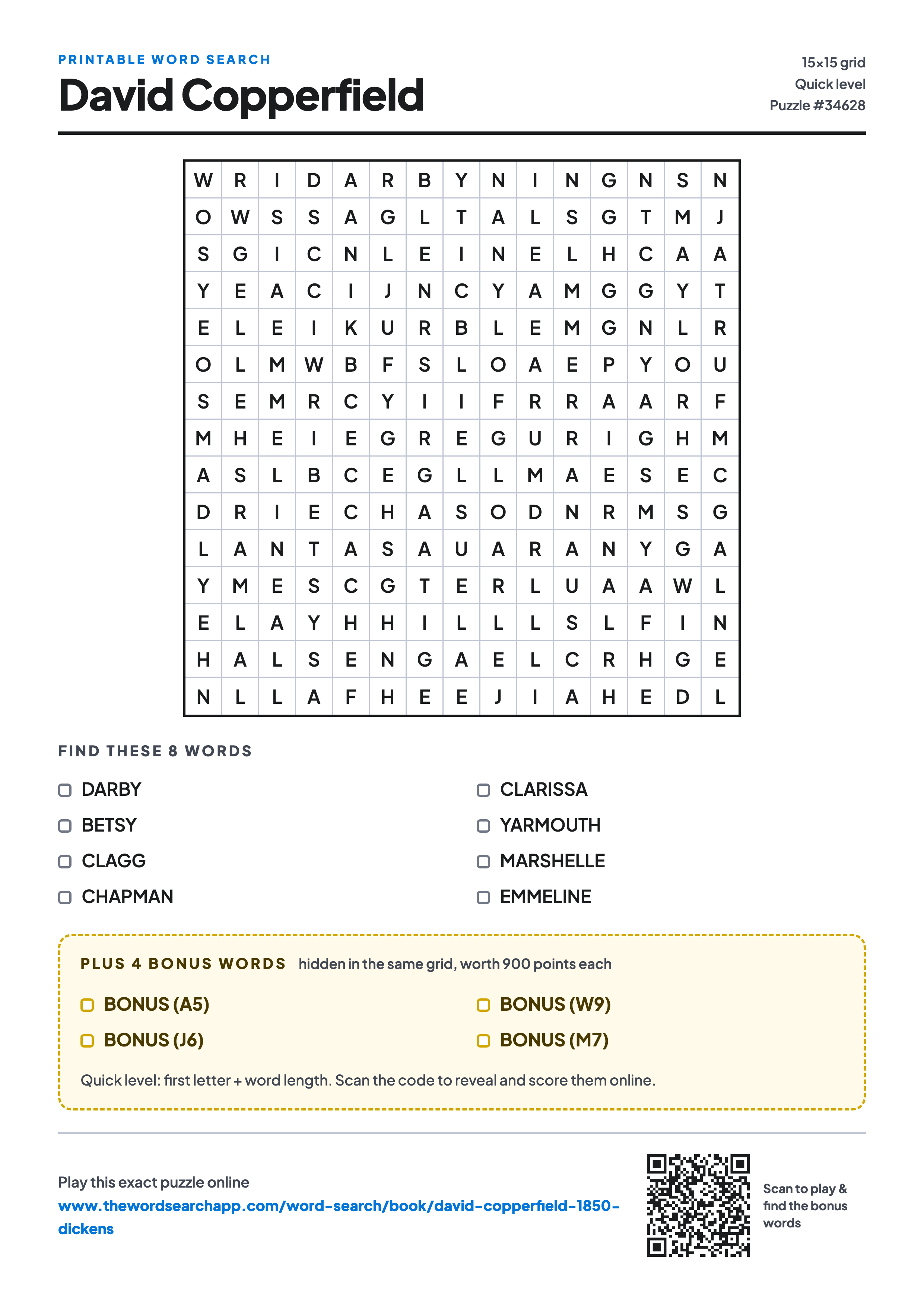 Printable David Copperfield word search — 15×15 letter grid with 8 words to find including DARBY, BETSY, CLAGG, plus 4 hidden bonus words