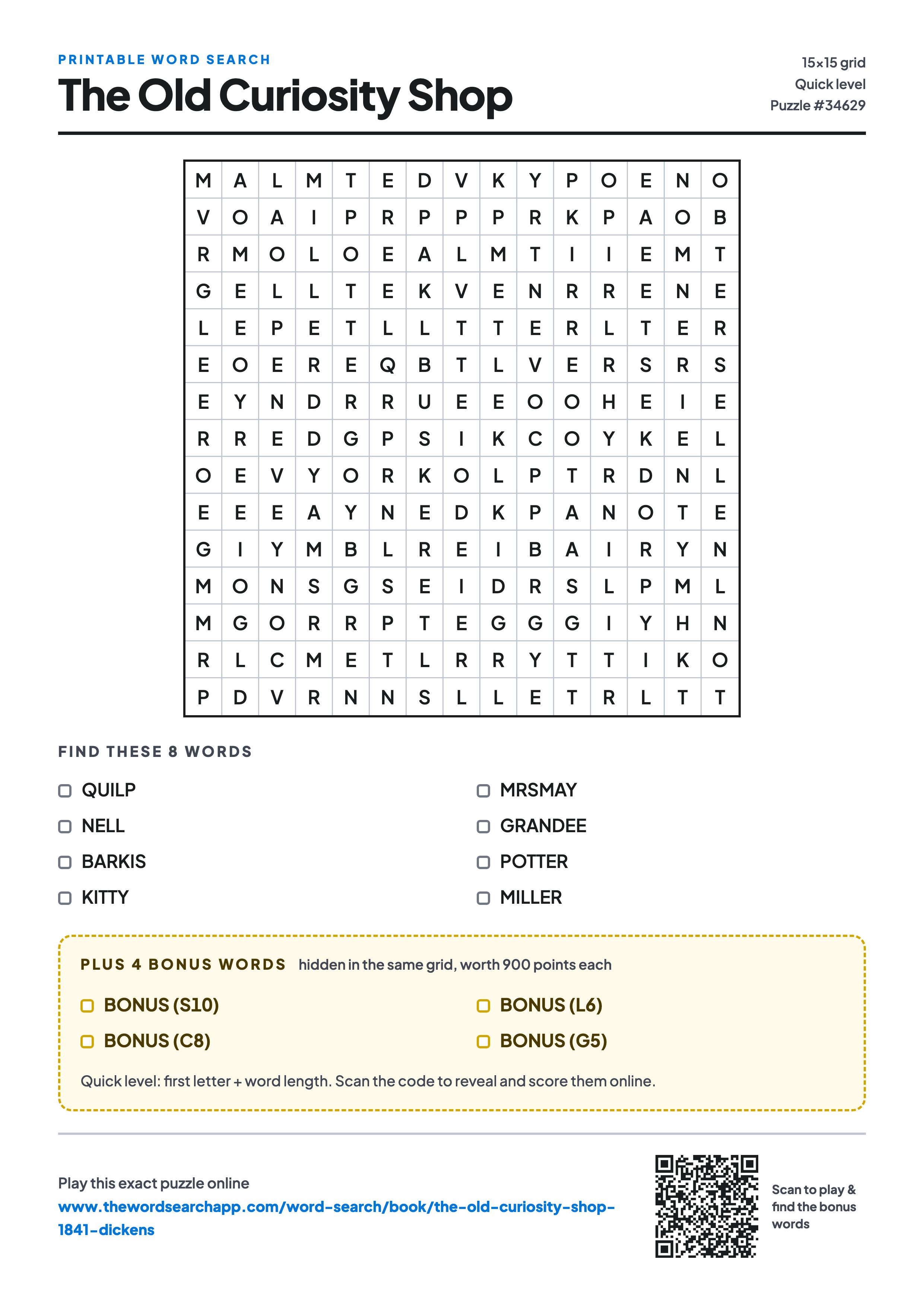 Printable The Old Curiosity Shop word search — 15×15 letter grid with 8 words to find including QUILP, NELL, BARKIS, plus 4 hidden bonus words