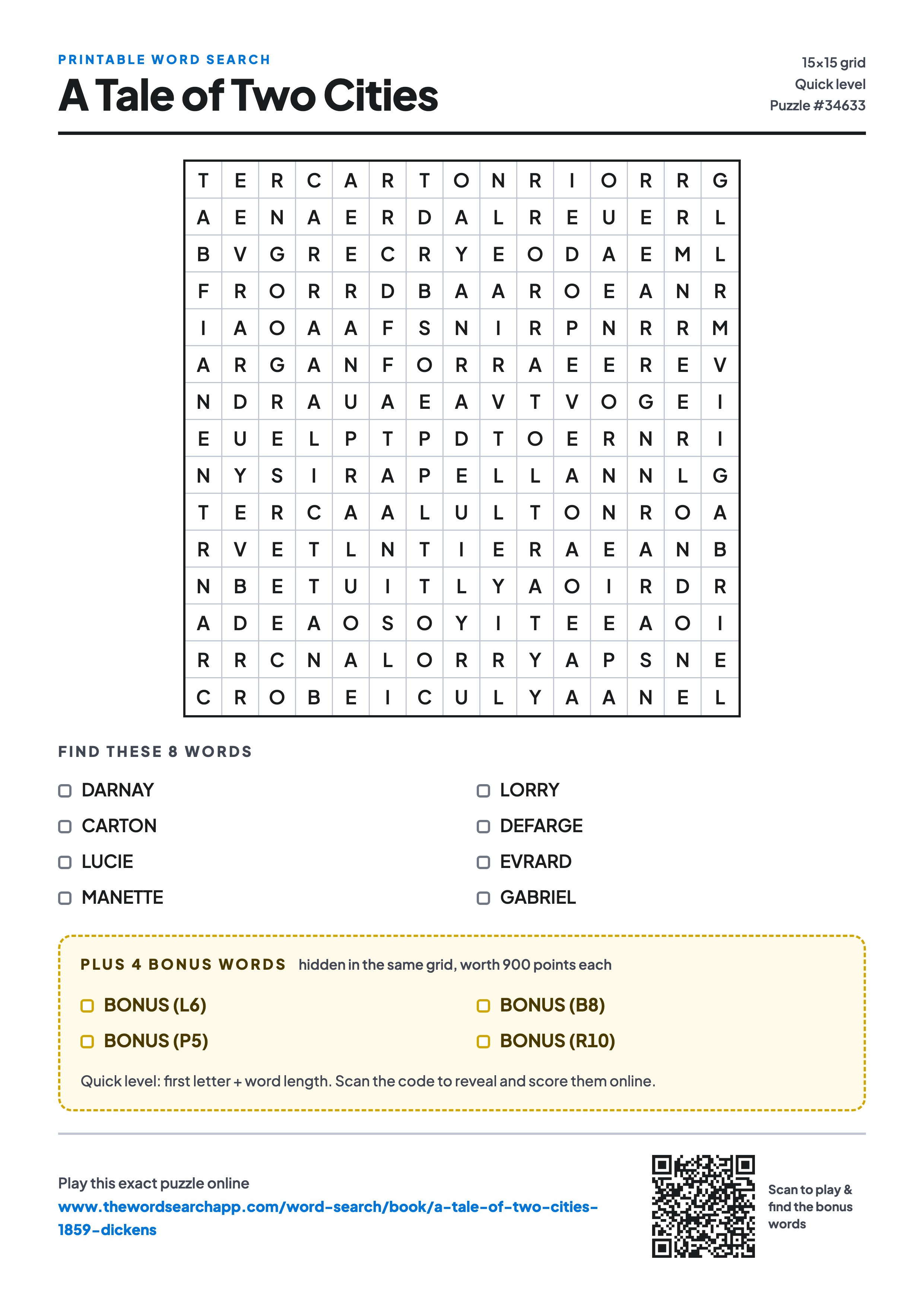 Printable A Tale of Two Cities word search — 15×15 letter grid with 8 words to find including DARNAY, CARTON, LUCIE, plus 4 hidden bonus words