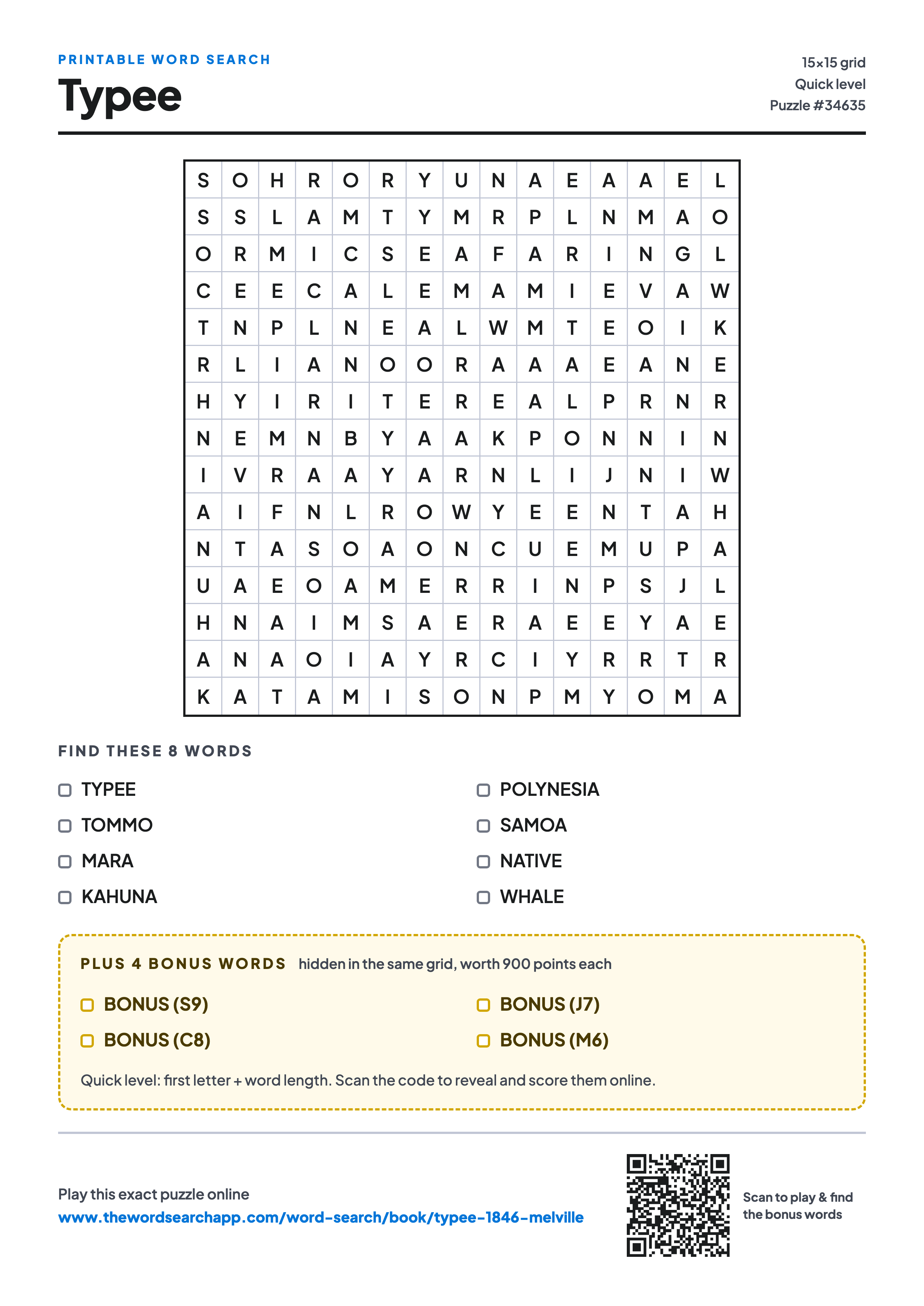 Printable Typee word search — 15×15 letter grid with 8 words to find including TYPEE, TOMMO, MARA, plus 4 hidden bonus words