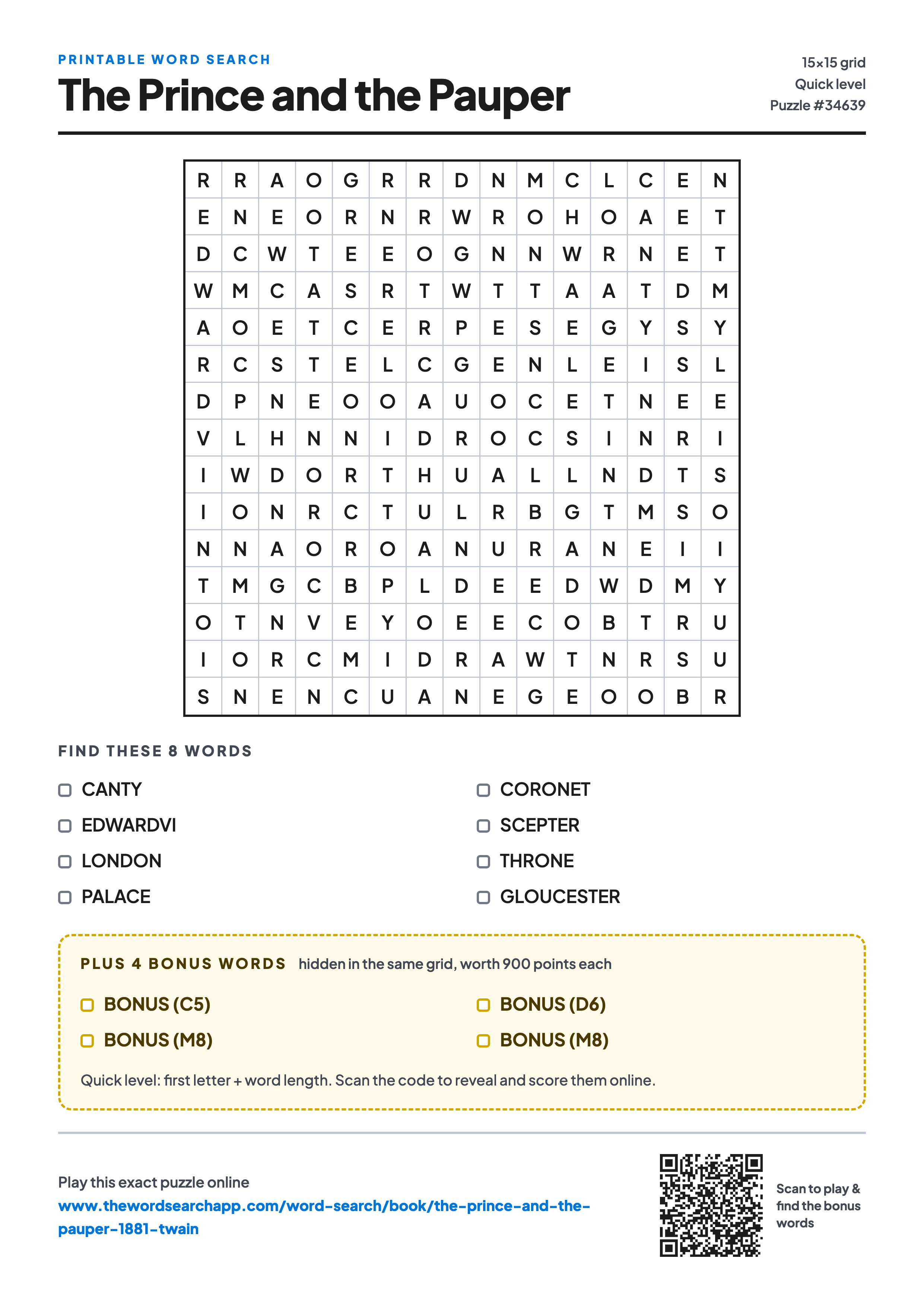 Printable The Prince and the Pauper word search — 15×15 letter grid with 8 words to find including CANTY, EDWARDVI, LONDON, plus 4 hidden bonus words