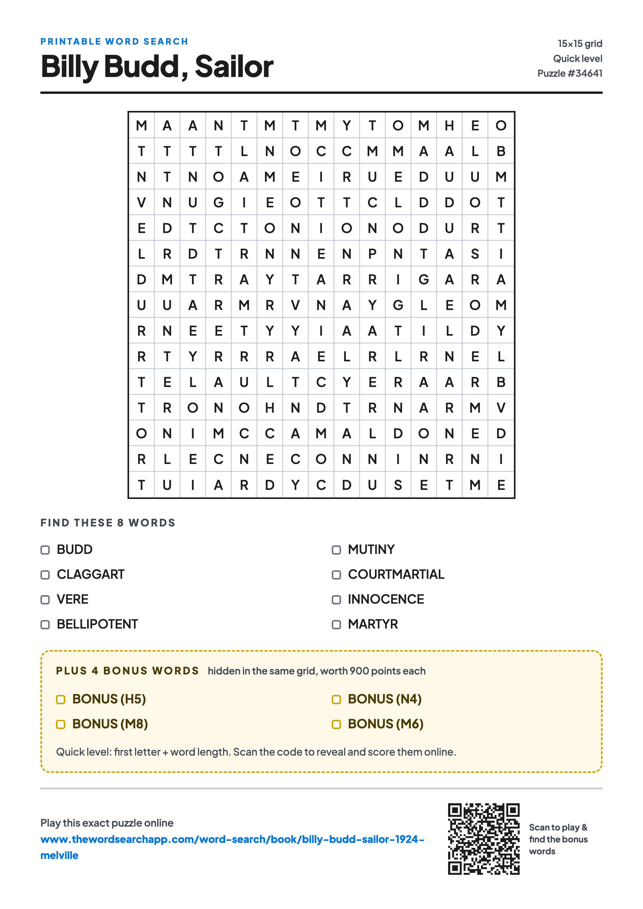 Printable Billy Budd, Sailor word search — 15×15 letter grid with 8 words to find including BUDD, CLAGGART, VERE, plus 4 hidden bonus words