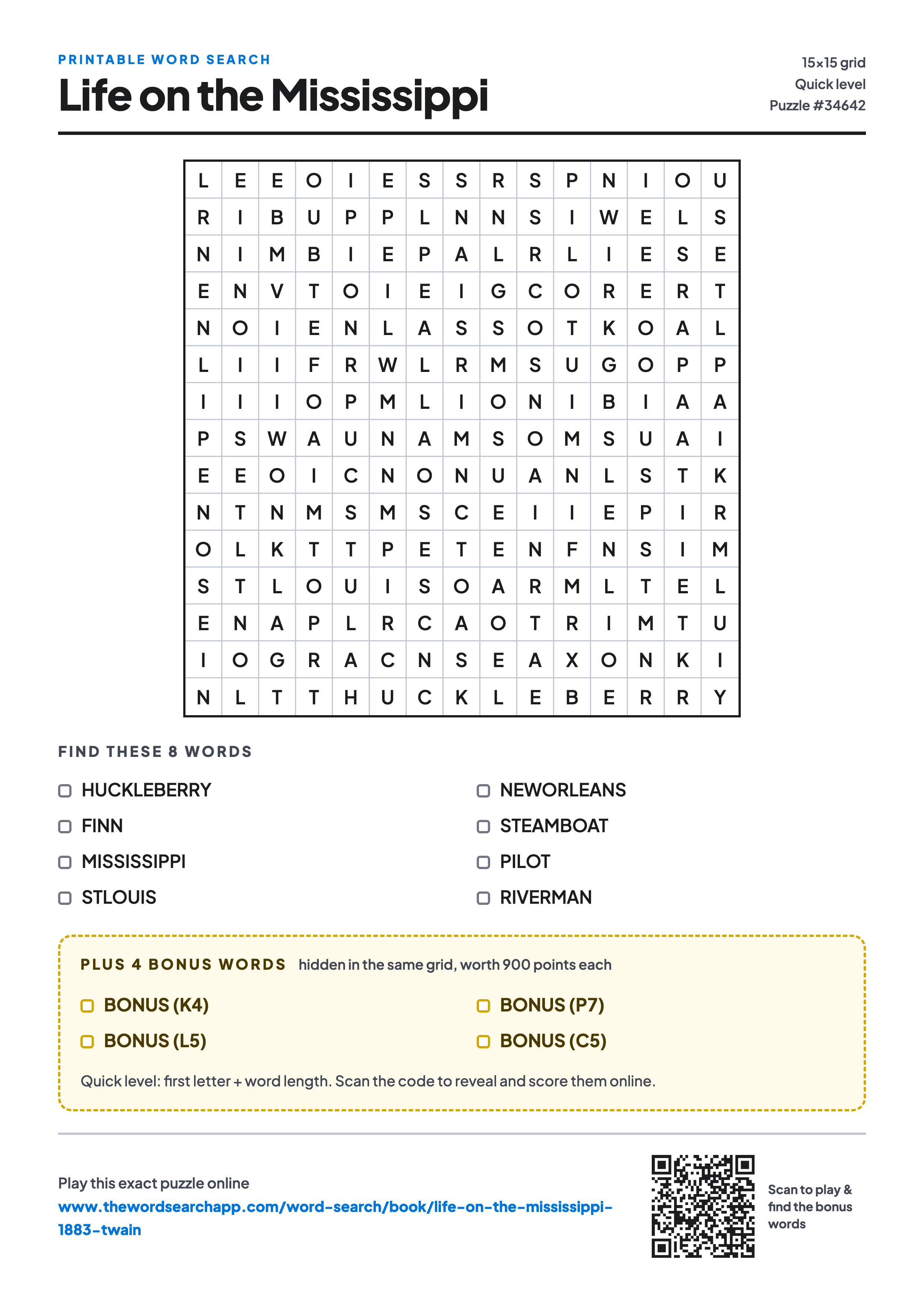 Printable Life on the Mississippi word search — 15×15 letter grid with 8 words to find including HUCKLEBERRY, FINN, MISSISSIPPI, plus 4 hidden bonus words
