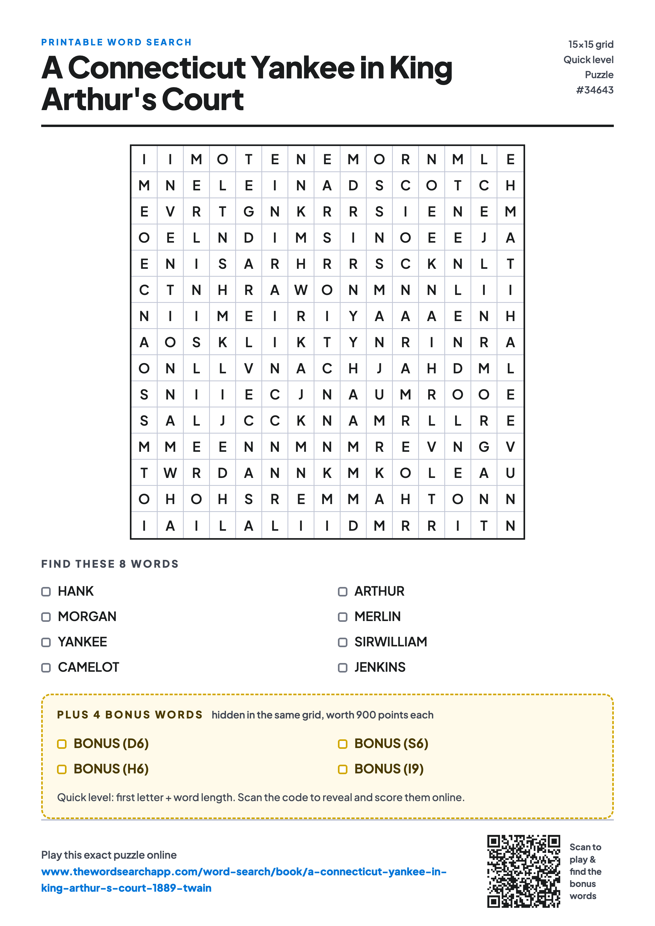 Printable A Connecticut Yankee in King Arthur's Court word search — 15×15 letter grid with 8 words to find including HANK, MORGAN, YANKEE, plus 4 hidden bonus words