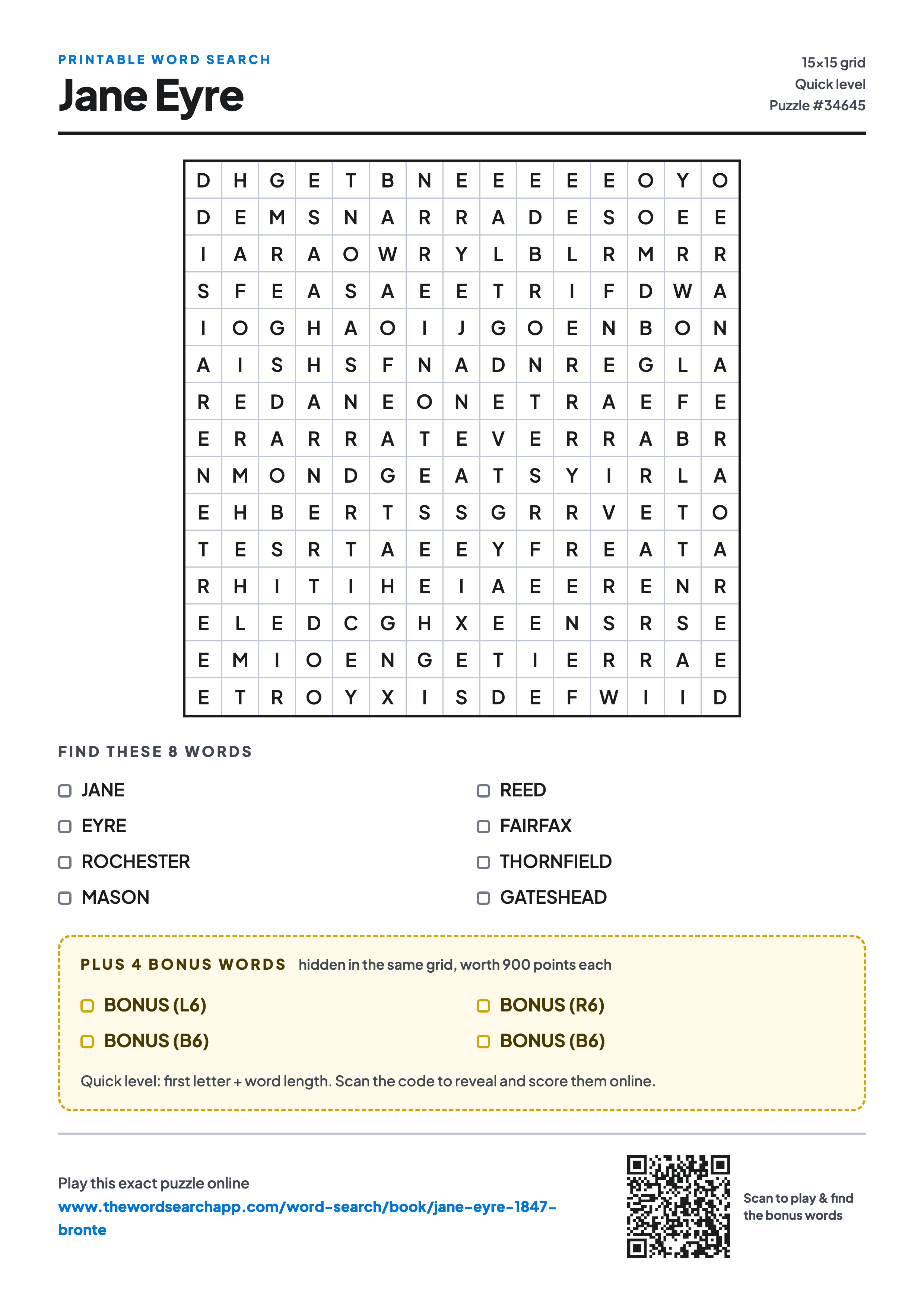 Printable Jane Eyre word search — 15×15 letter grid with 8 words to find including JANE, EYRE, ROCHESTER, plus 4 hidden bonus words