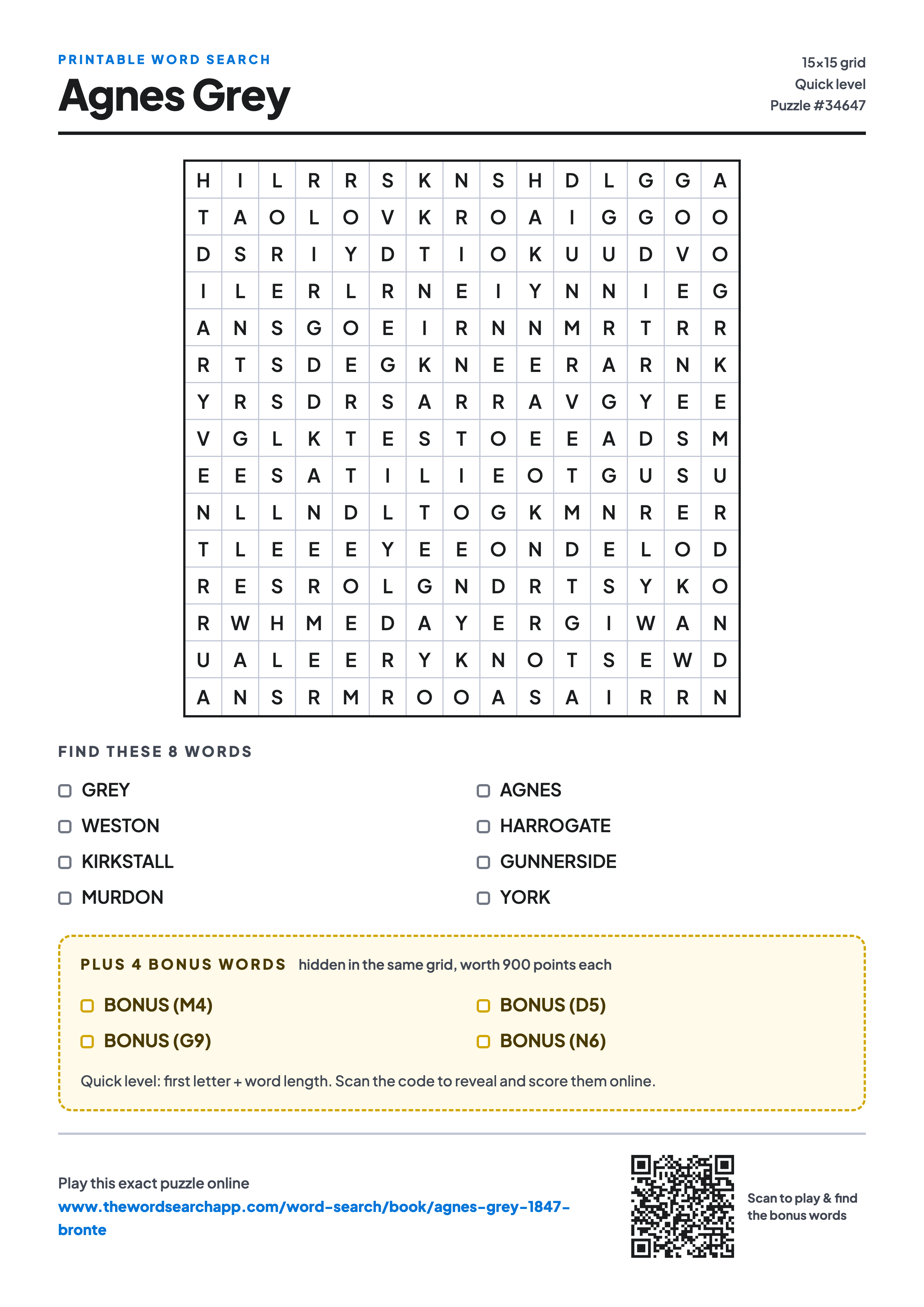 Printable Agnes Grey word search — 15×15 letter grid with 8 words to find including GREY, WESTON, KIRKSTALL, plus 4 hidden bonus words
