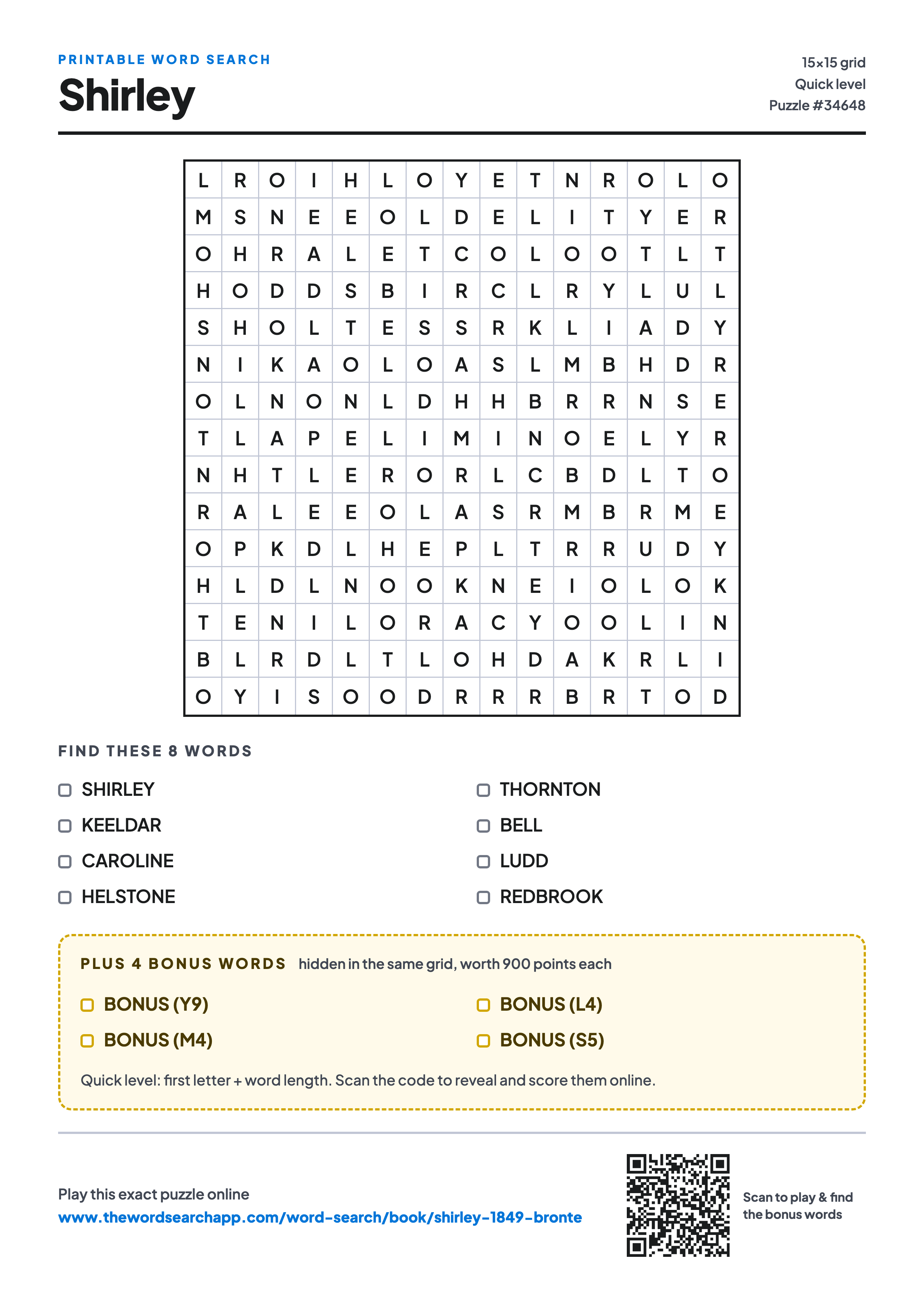 Printable Shirley word search — 15×15 letter grid with 8 words to find including SHIRLEY, KEELDAR, CAROLINE, plus 4 hidden bonus words