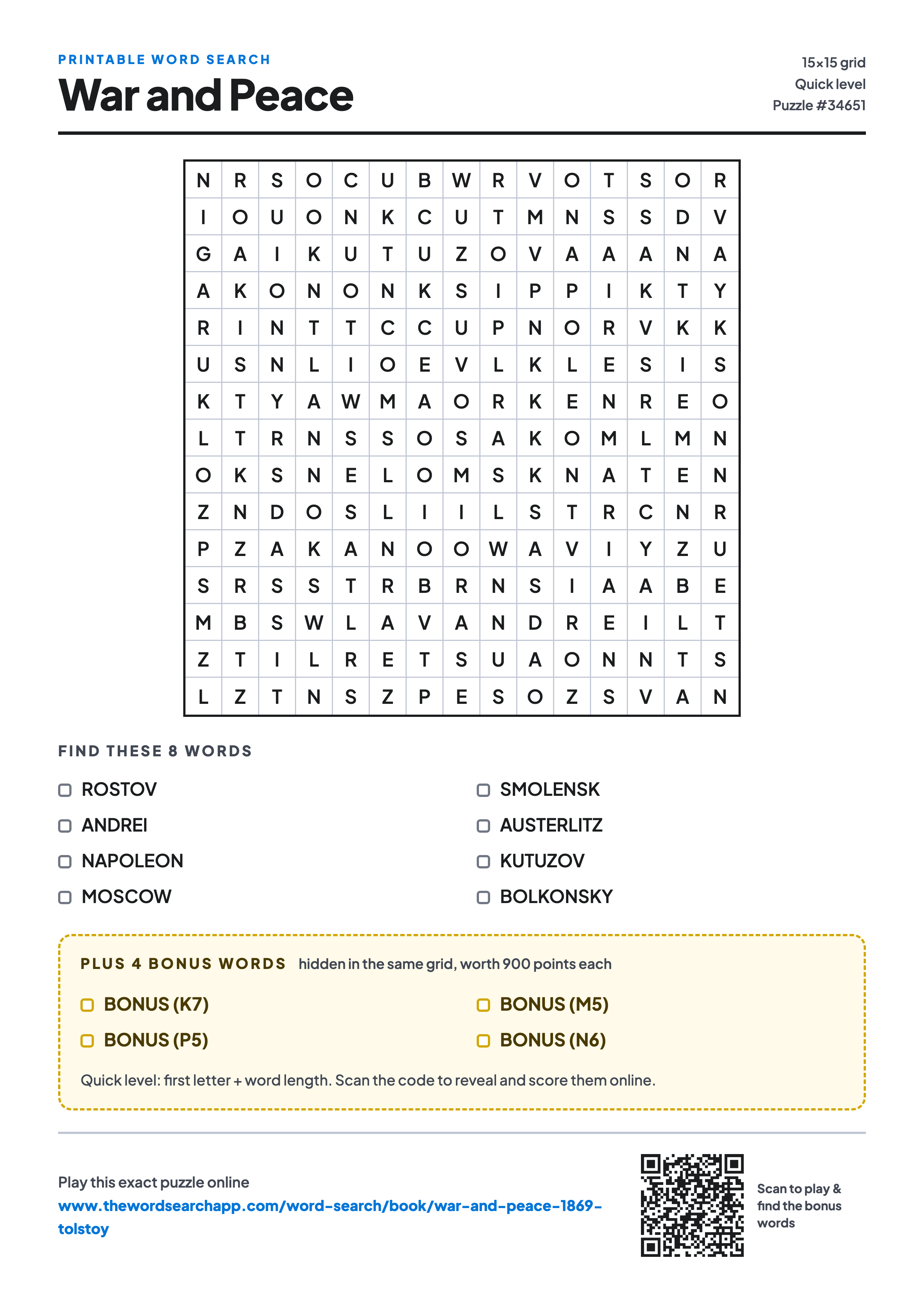 Printable War and Peace word search — 15×15 letter grid with 8 words to find including ROSTOV, ANDREI, NAPOLEON, plus 4 hidden bonus words
