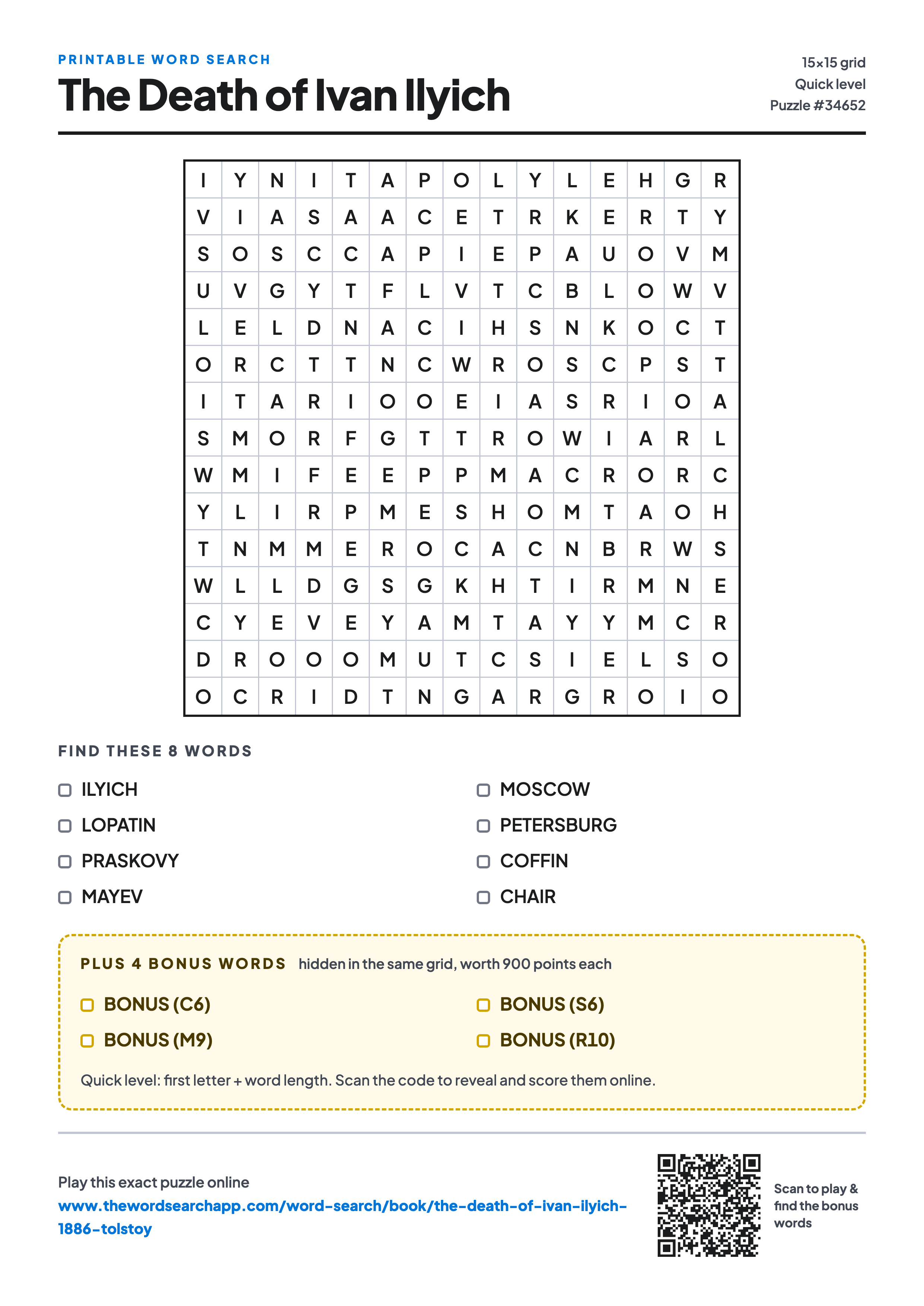 Printable The Death of Ivan Ilyich word search — 15×15 letter grid with 8 words to find including ILYICH, LOPATIN, PRASKOVY, plus 4 hidden bonus words
