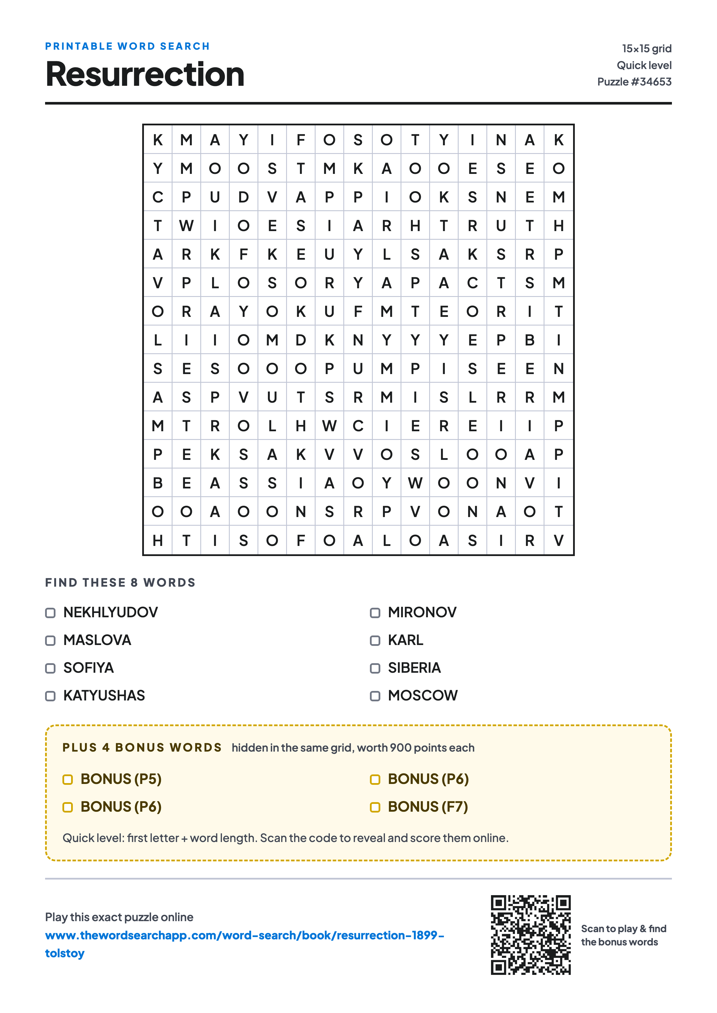 Printable Resurrection word search — 15×15 letter grid with 8 words to find including NEKHLYUDOV, MASLOVA, SOFIYA, plus 4 hidden bonus words