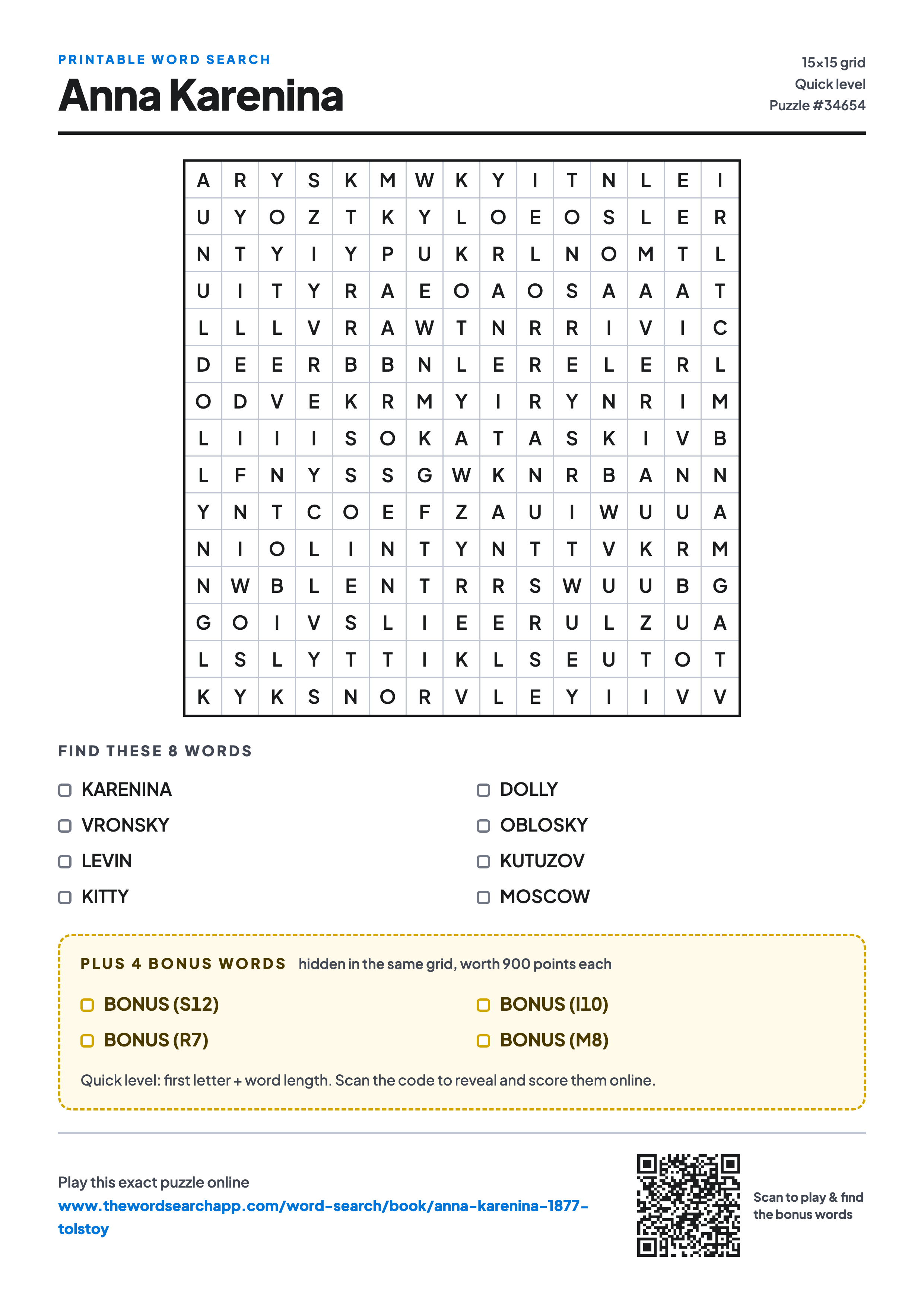 Printable Anna Karenina word search — 15×15 letter grid with 8 words to find including KARENINA, VRONSKY, LEVIN, plus 4 hidden bonus words