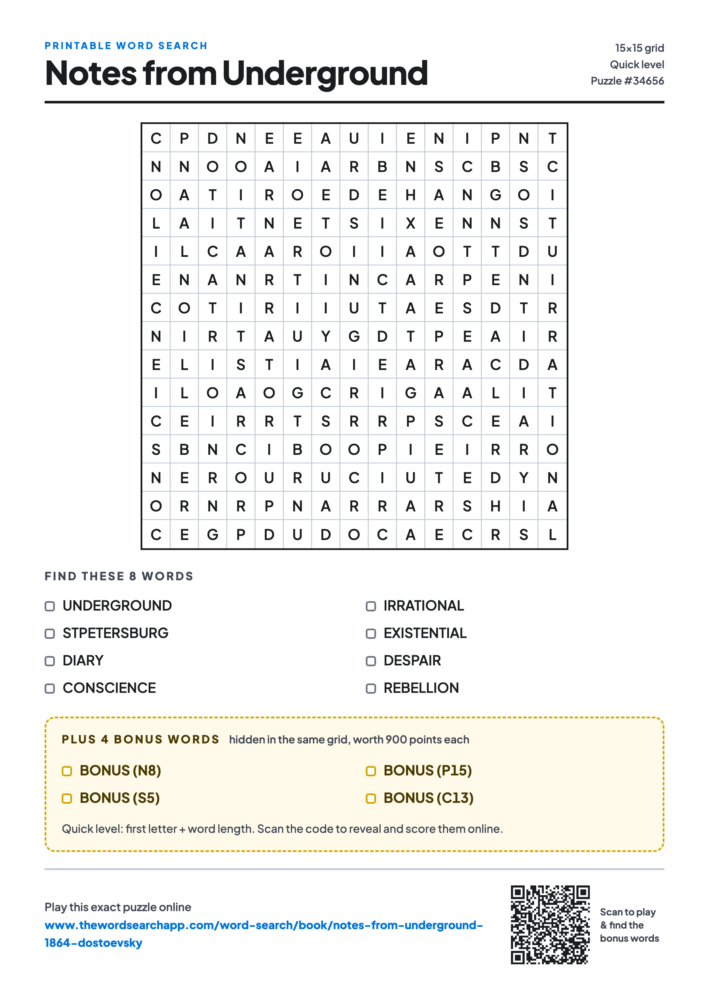 Printable Notes from Underground word search — 15×15 letter grid with 8 words to find including UNDERGROUND, STPETERSBURG, DIARY, plus 4 hidden bonus words
