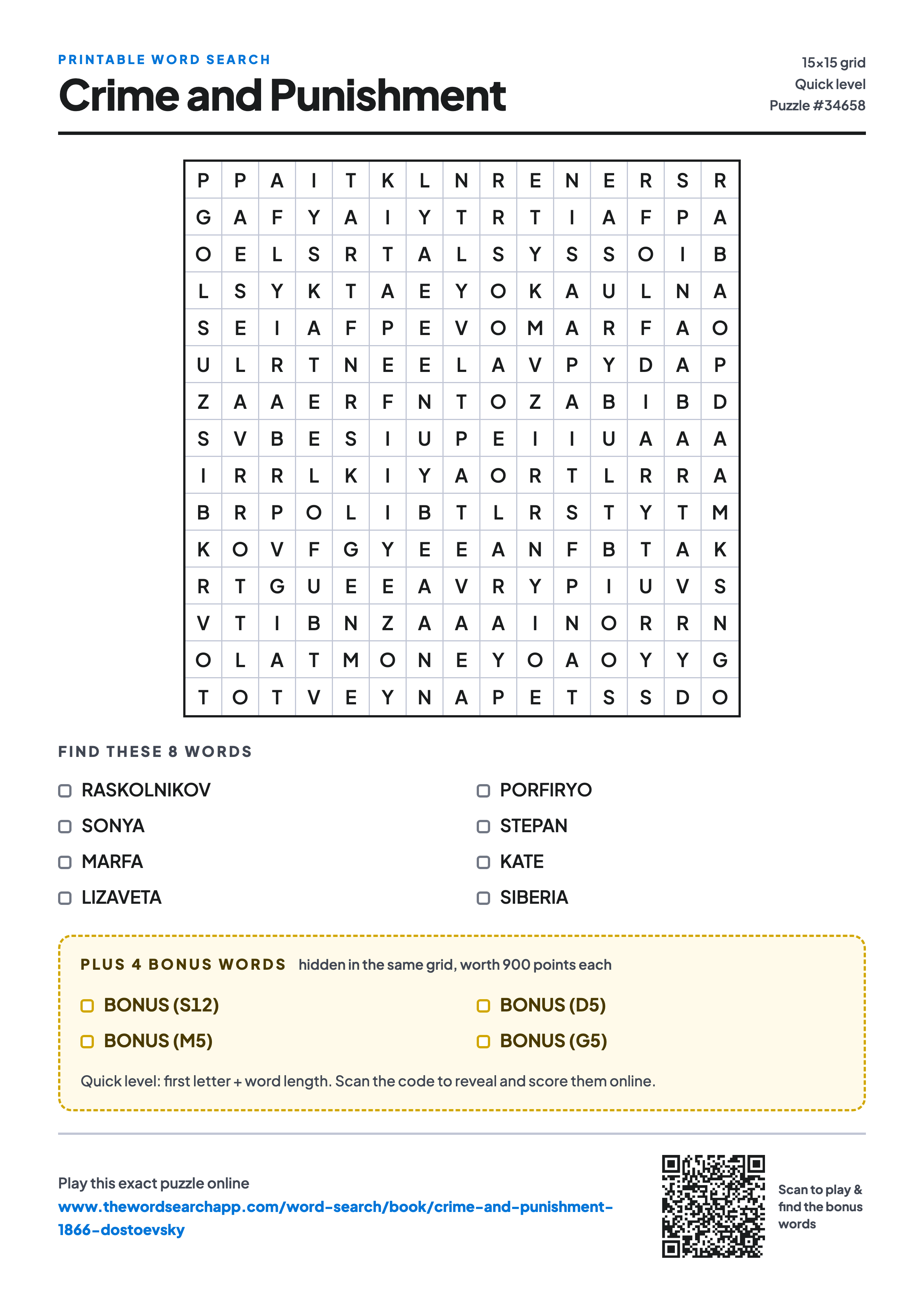 Printable Crime and Punishment word search — 15×15 letter grid with 8 words to find including RASKOLNIKOV, SONYA, MARFA, plus 4 hidden bonus words