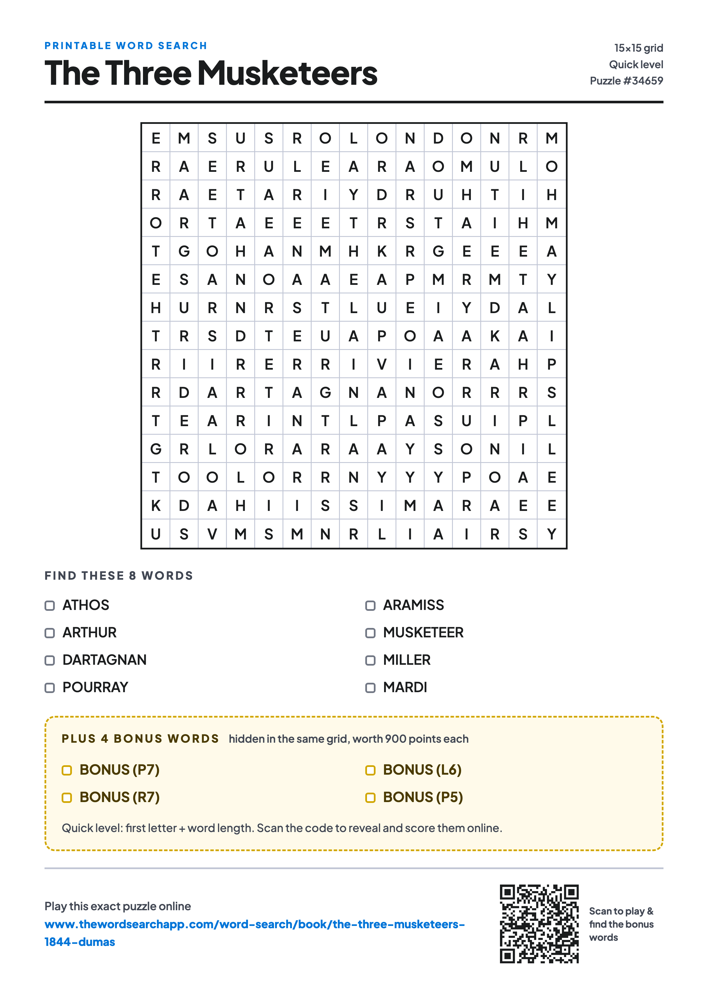 Printable The Three Musketeers word search — 15×15 letter grid with 8 words to find including ATHOS, ARTHUR, DARTAGNAN, plus 4 hidden bonus words