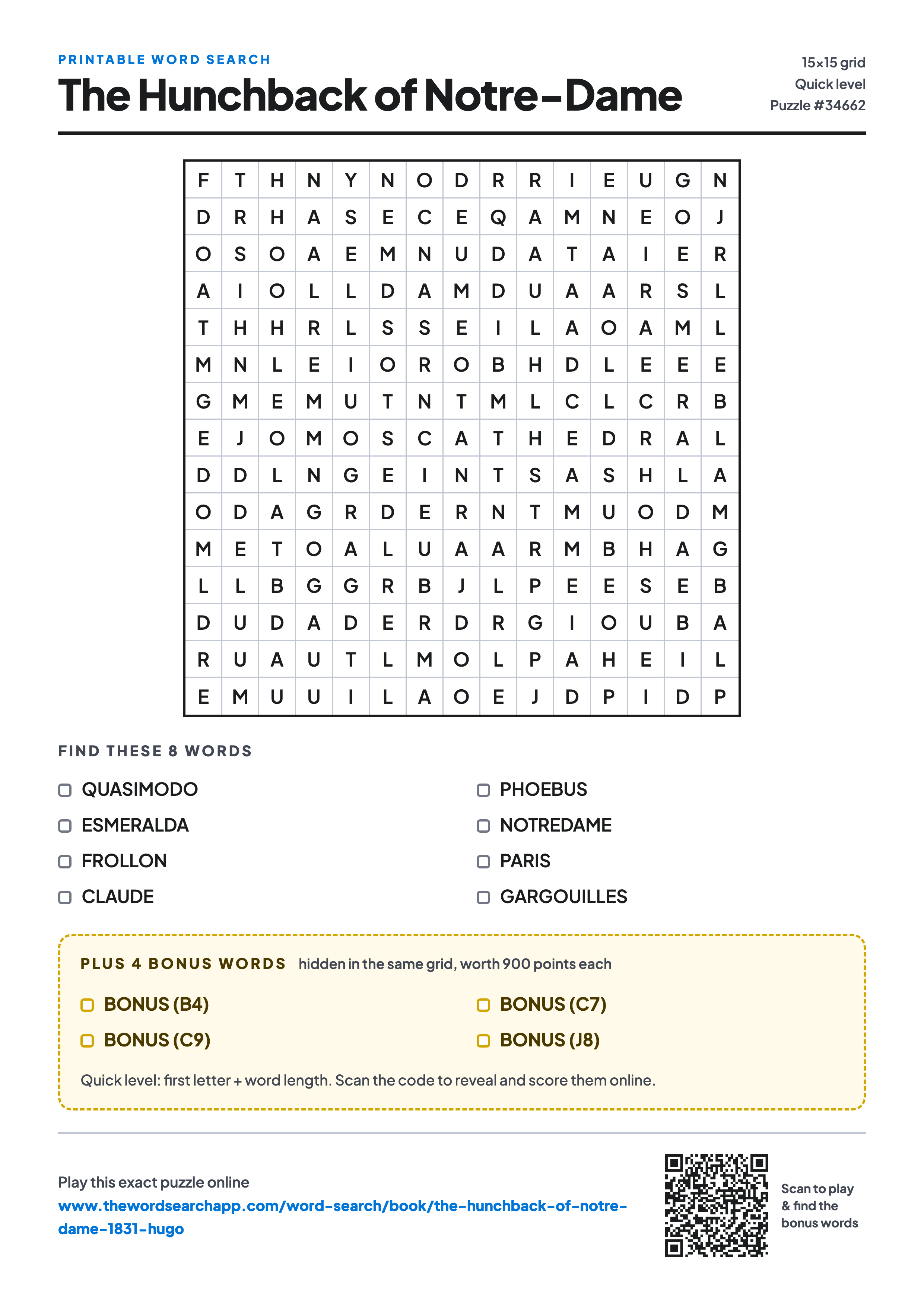 Printable The Hunchback of Notre-Dame word search — 15×15 letter grid with 8 words to find including QUASIMODO, ESMERALDA, FROLLON, plus 4 hidden bonus words