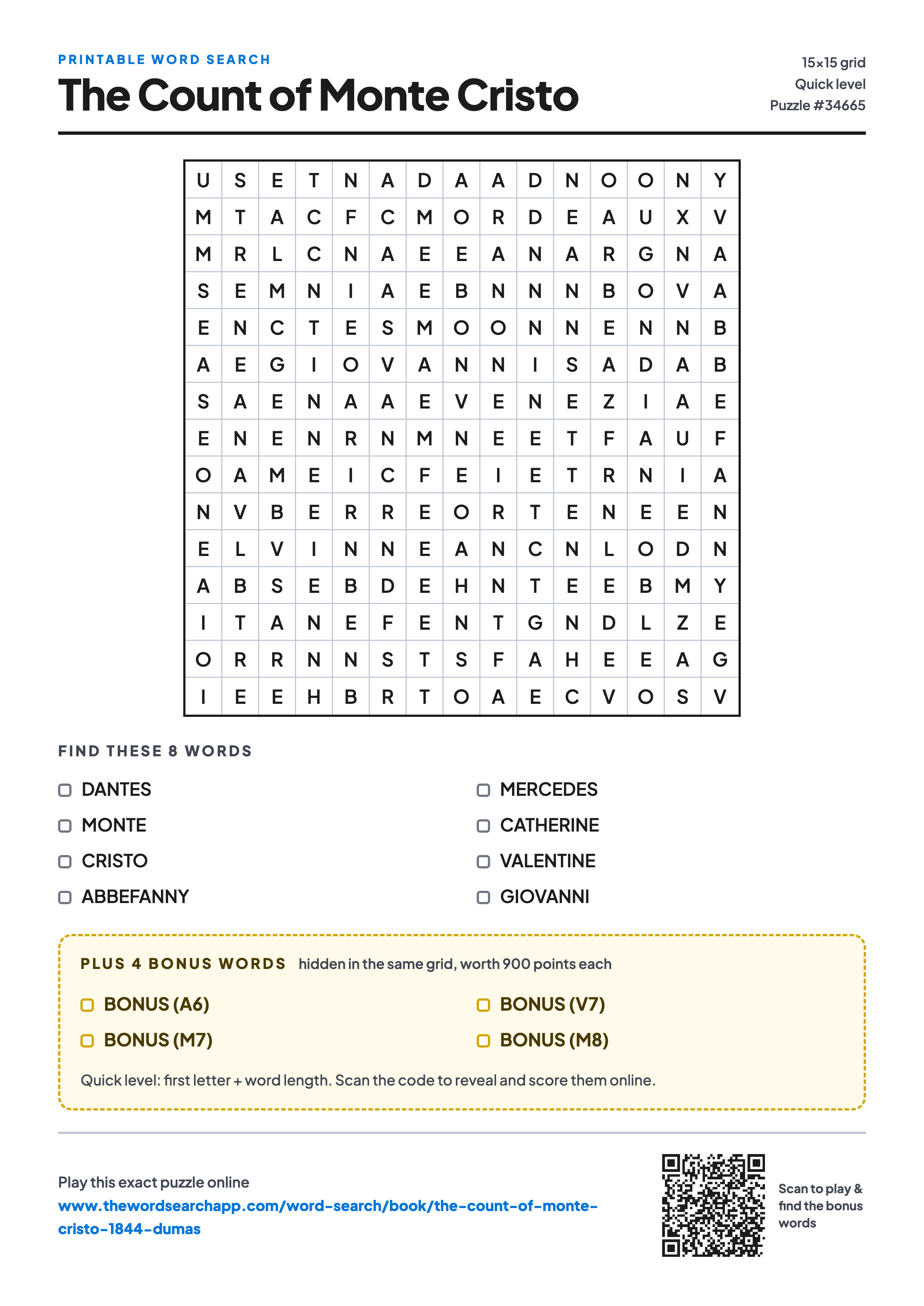 Printable The Count of Monte Cristo word search — 15×15 letter grid with 8 words to find including DANTES, MONTE, CRISTO, plus 4 hidden bonus words