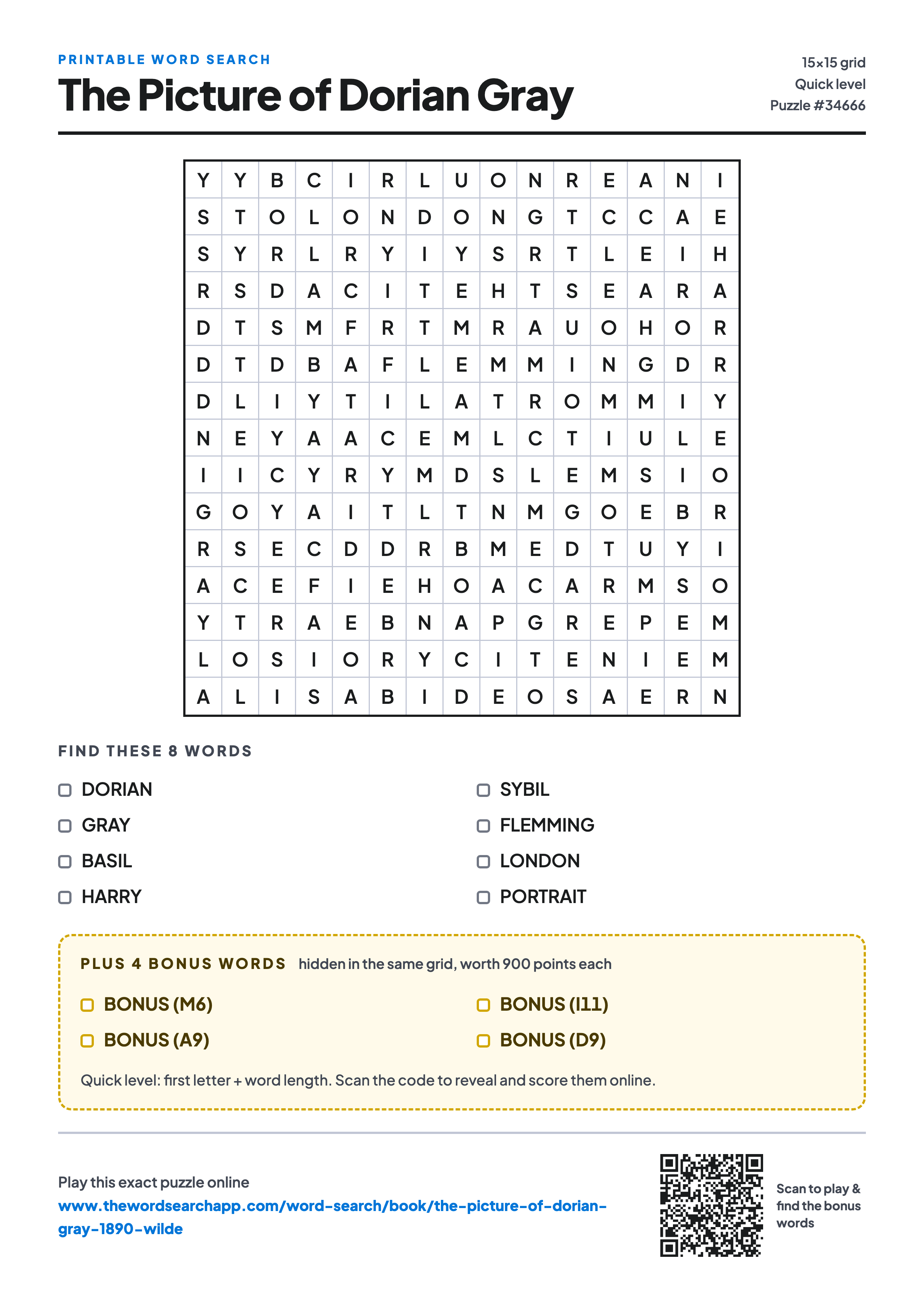 Printable The Picture of Dorian Gray word search — 15×15 letter grid with 8 words to find including DORIAN, GRAY, BASIL, plus 4 hidden bonus words