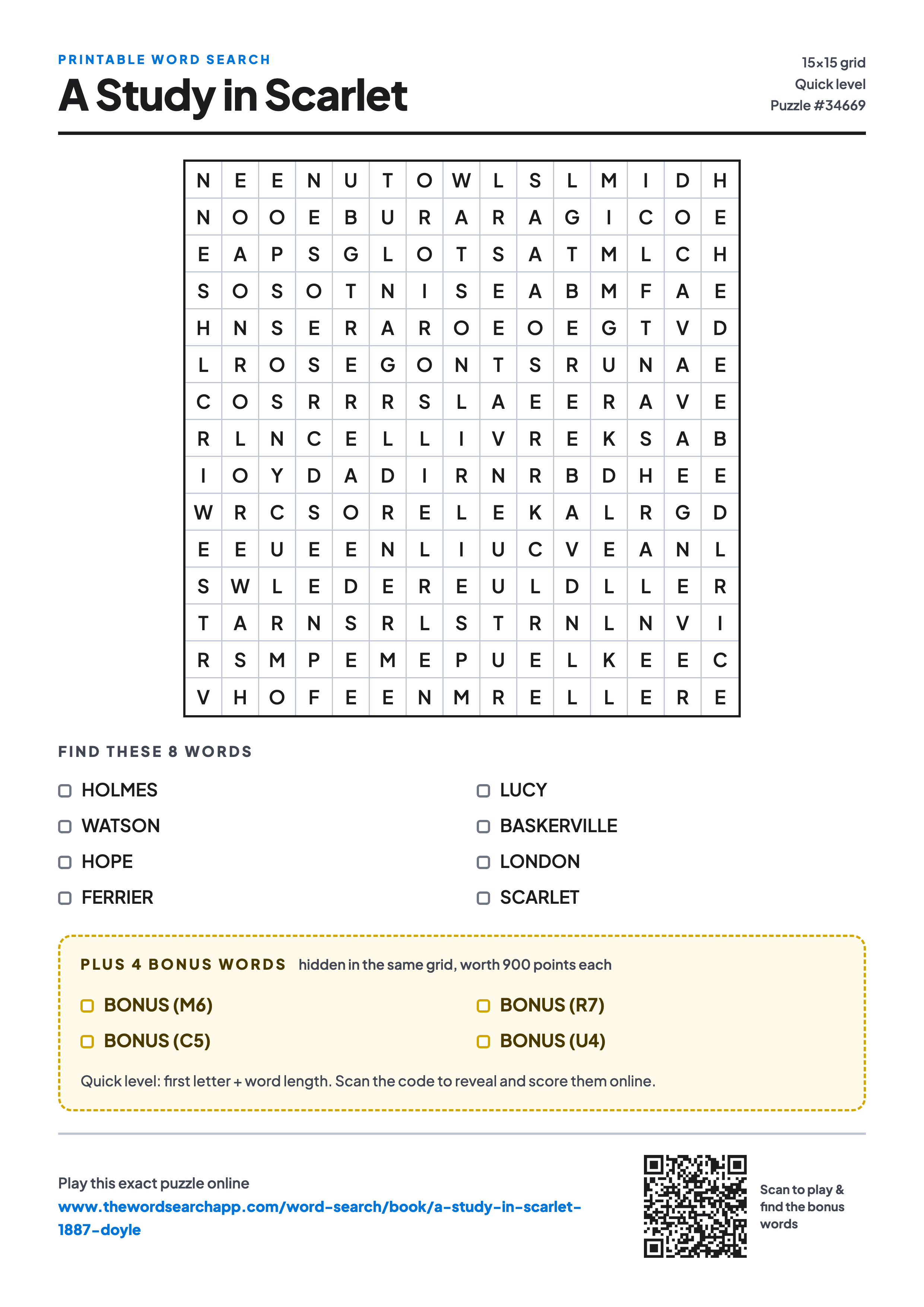 Printable A Study in Scarlet word search — 15×15 letter grid with 8 words to find including HOLMES, WATSON, HOPE, plus 4 hidden bonus words