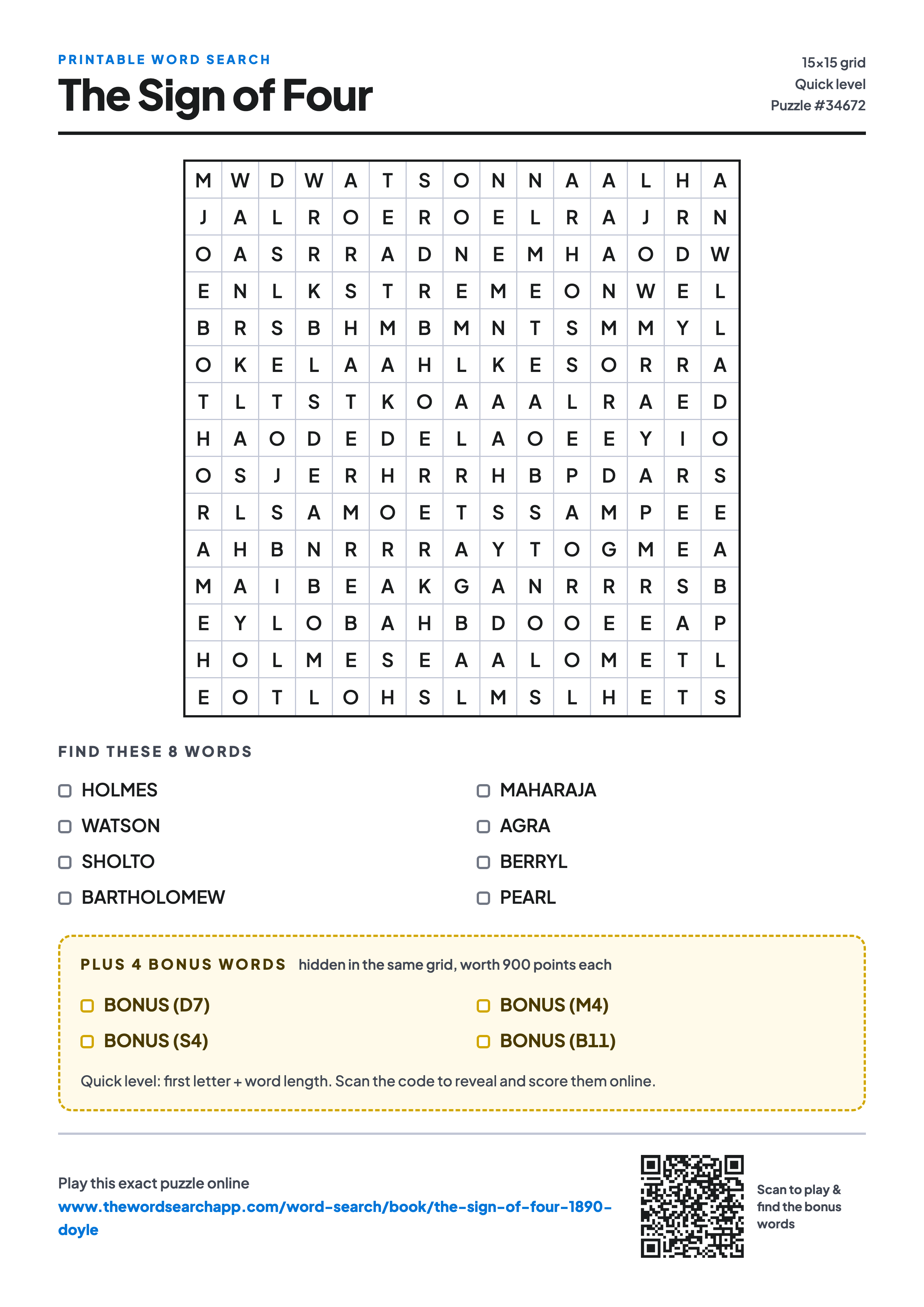 Printable The Sign of Four word search — 15×15 letter grid with 8 words to find including HOLMES, WATSON, SHOLTO, plus 4 hidden bonus words