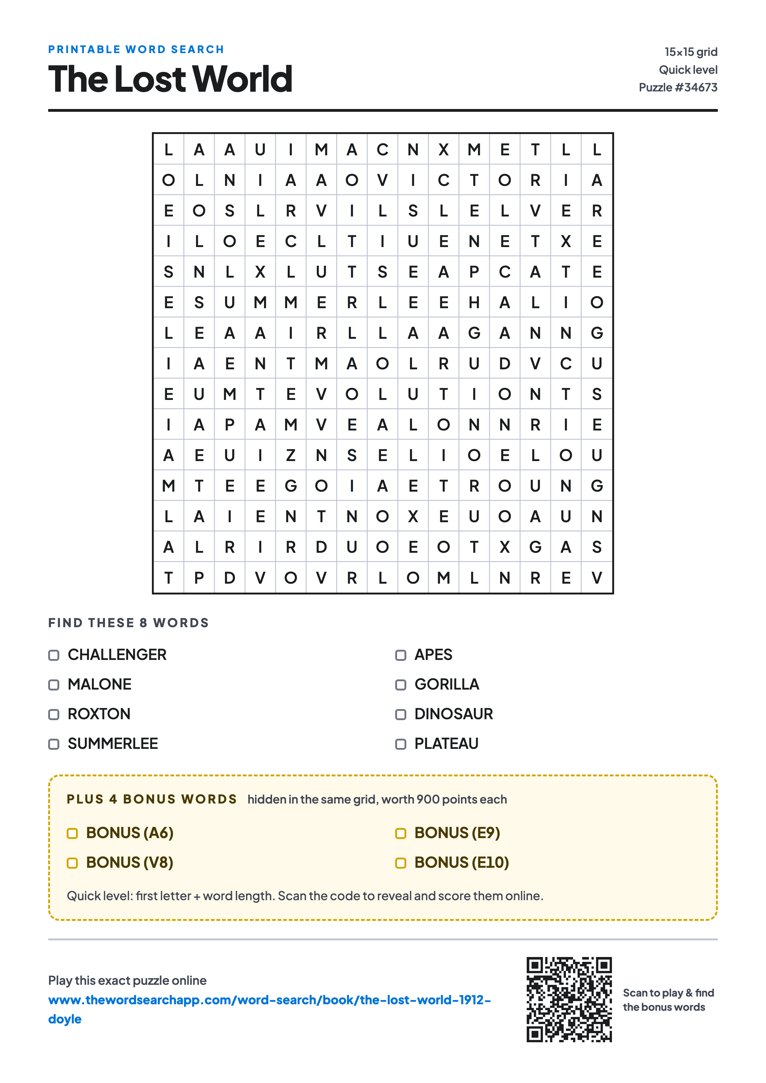 Printable The Lost World word search — 15×15 letter grid with 8 words to find including CHALLENGER, MALONE, ROXTON, plus 4 hidden bonus words