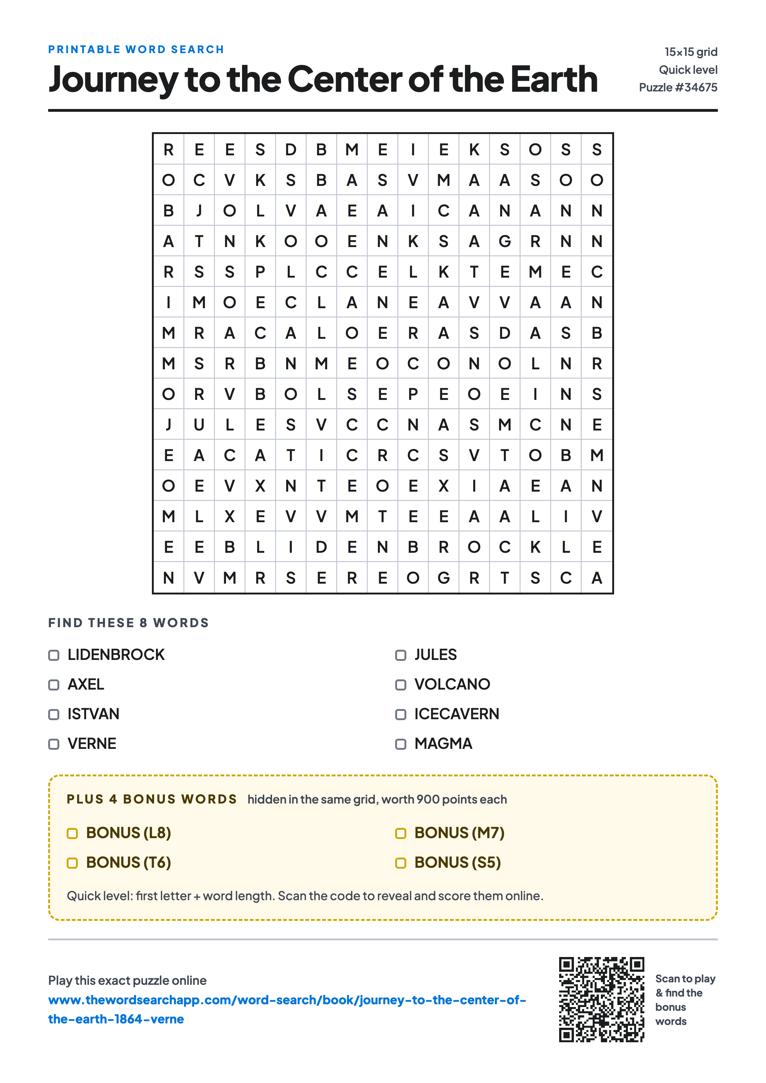 Printable Journey to the Center of the Earth word search — 15×15 letter grid with 8 words to find including LIDENBROCK, AXEL, ISTVAN, plus 4 hidden bonus words