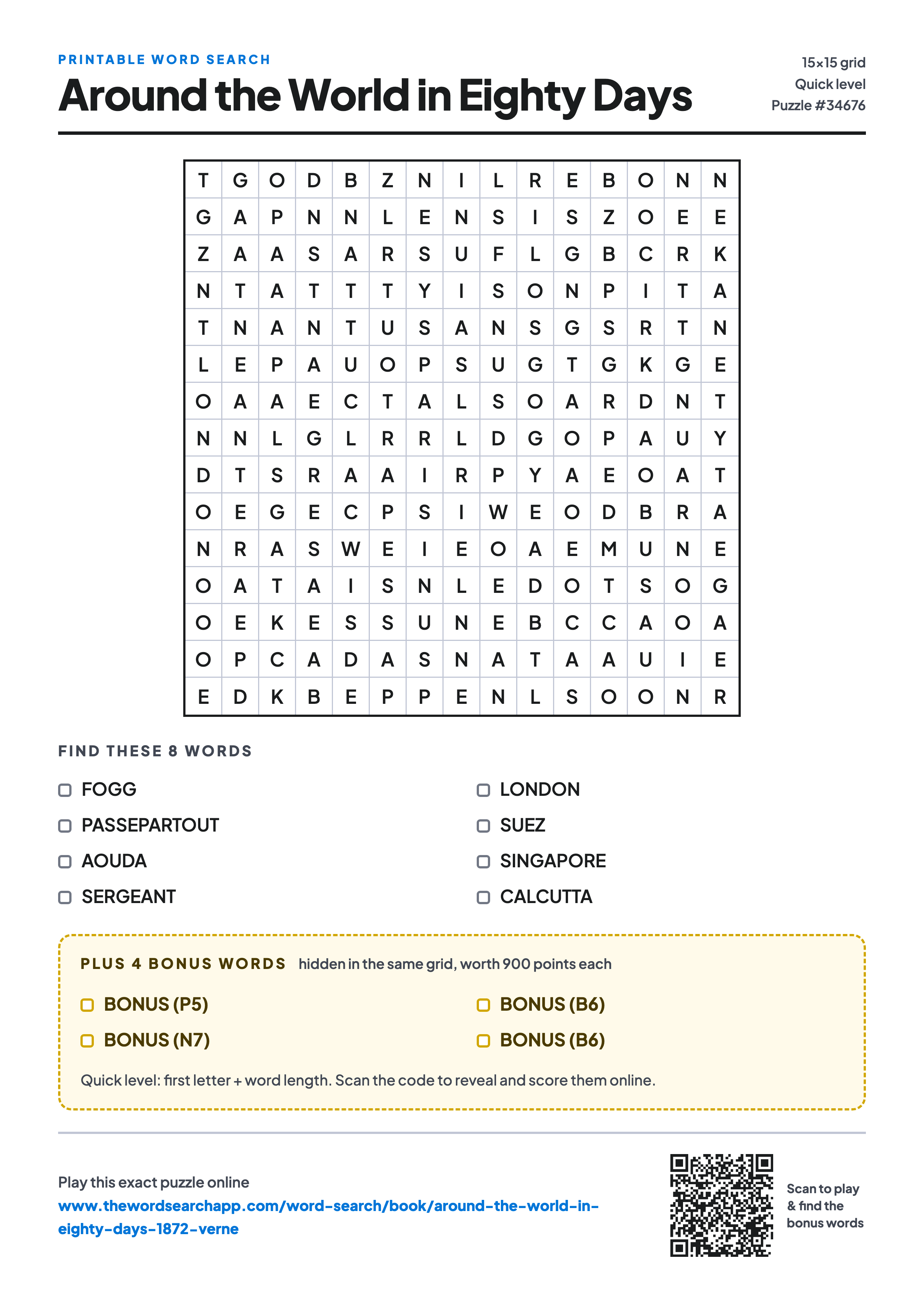 Printable Around the World in Eighty Days word search — 15×15 letter grid with 8 words to find including FOGG, PASSEPARTOUT, AOUDA, plus 4 hidden bonus words