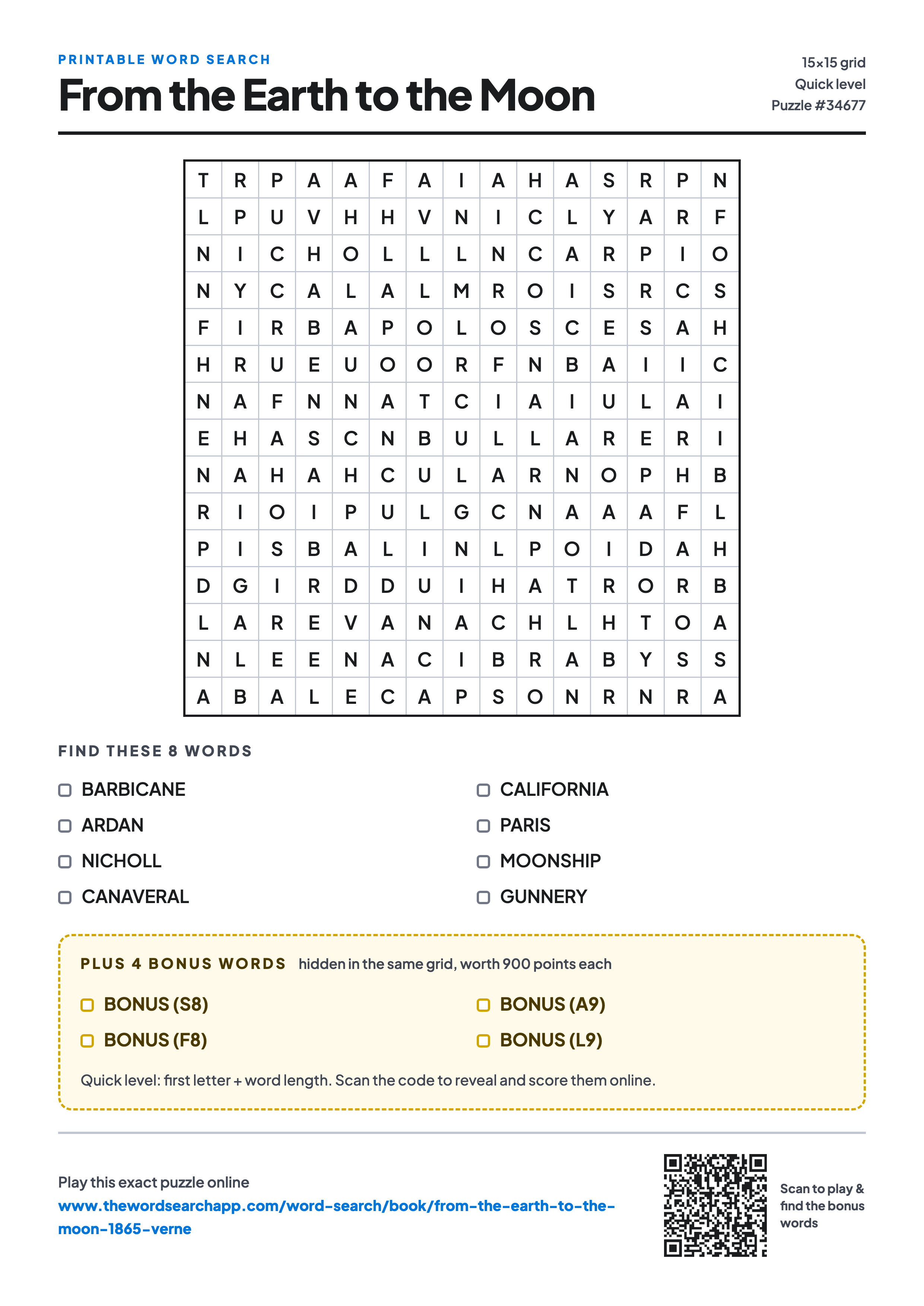 Printable From the Earth to the Moon word search — 15×15 letter grid with 8 words to find including BARBICANE, ARDAN, NICHOLL, plus 4 hidden bonus words