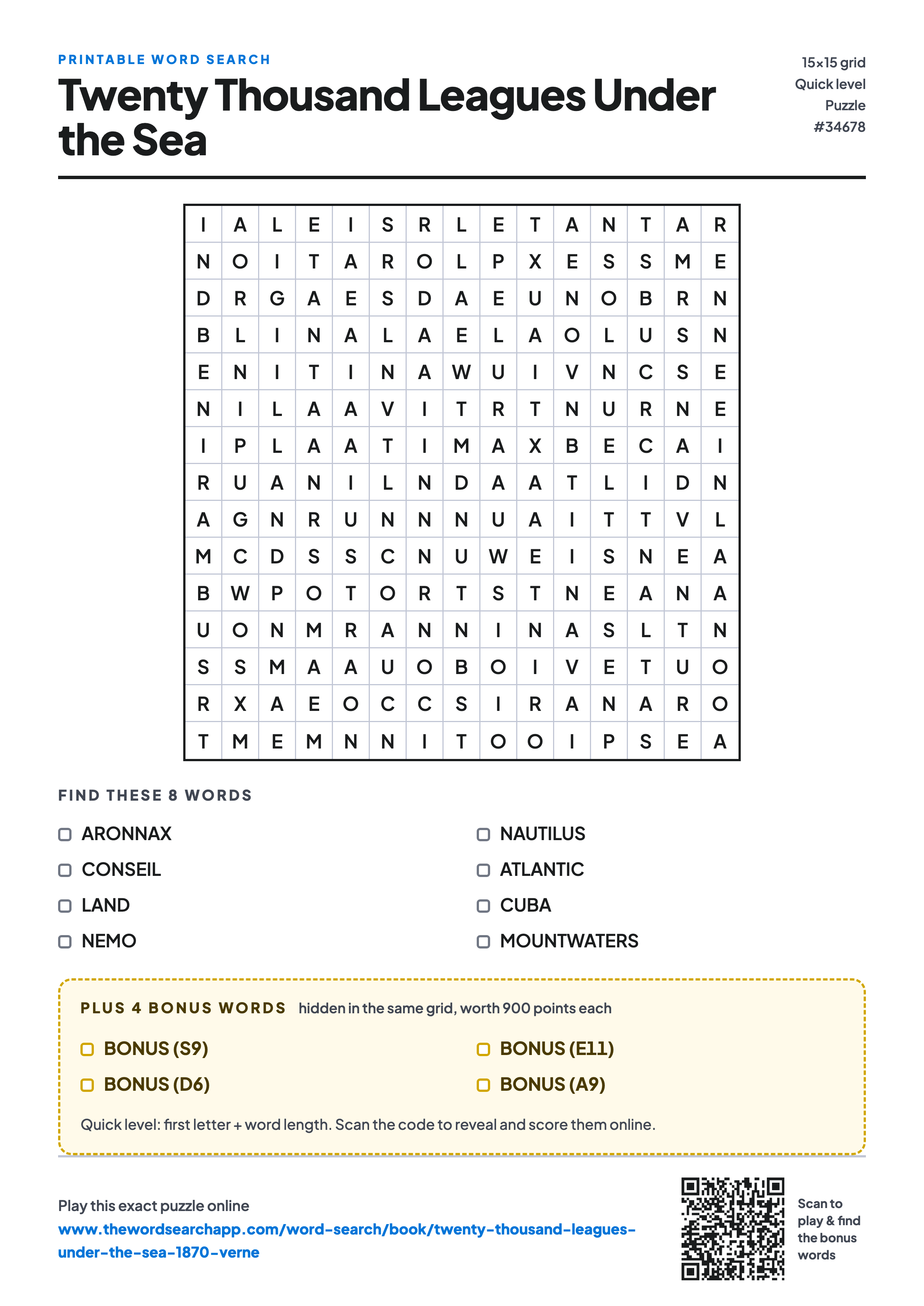 Printable Twenty Thousand Leagues Under the Sea word search — 15×15 letter grid with 8 words to find including ARONNAX, CONSEIL, LAND, plus 4 hidden bonus words