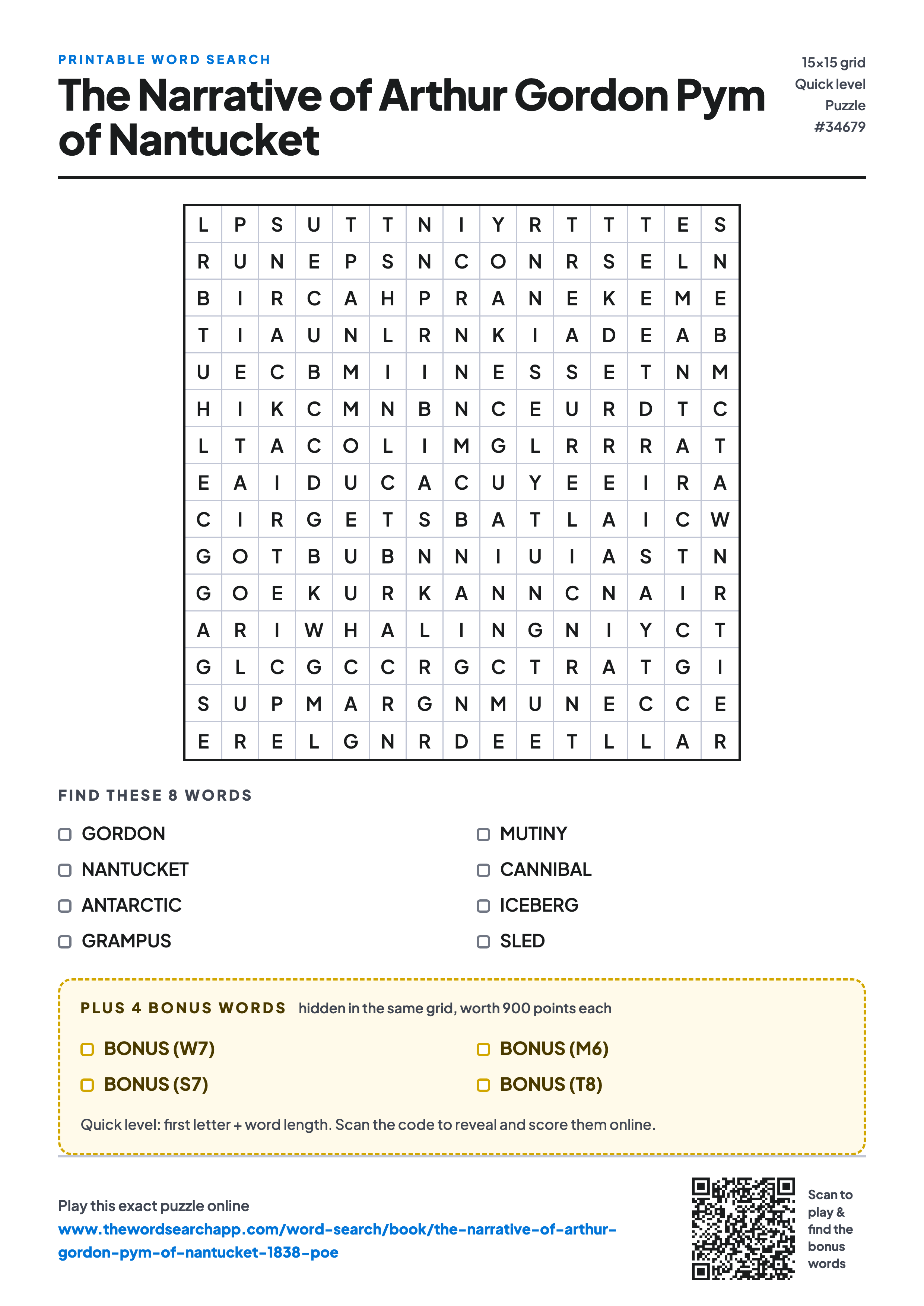 Printable The Narrative of Arthur Gordon Pym of Nantucket word search — 15×15 letter grid with 8 words to find including GORDON, NANTUCKET, ANTARCTIC, plus 4 hidden bonus words