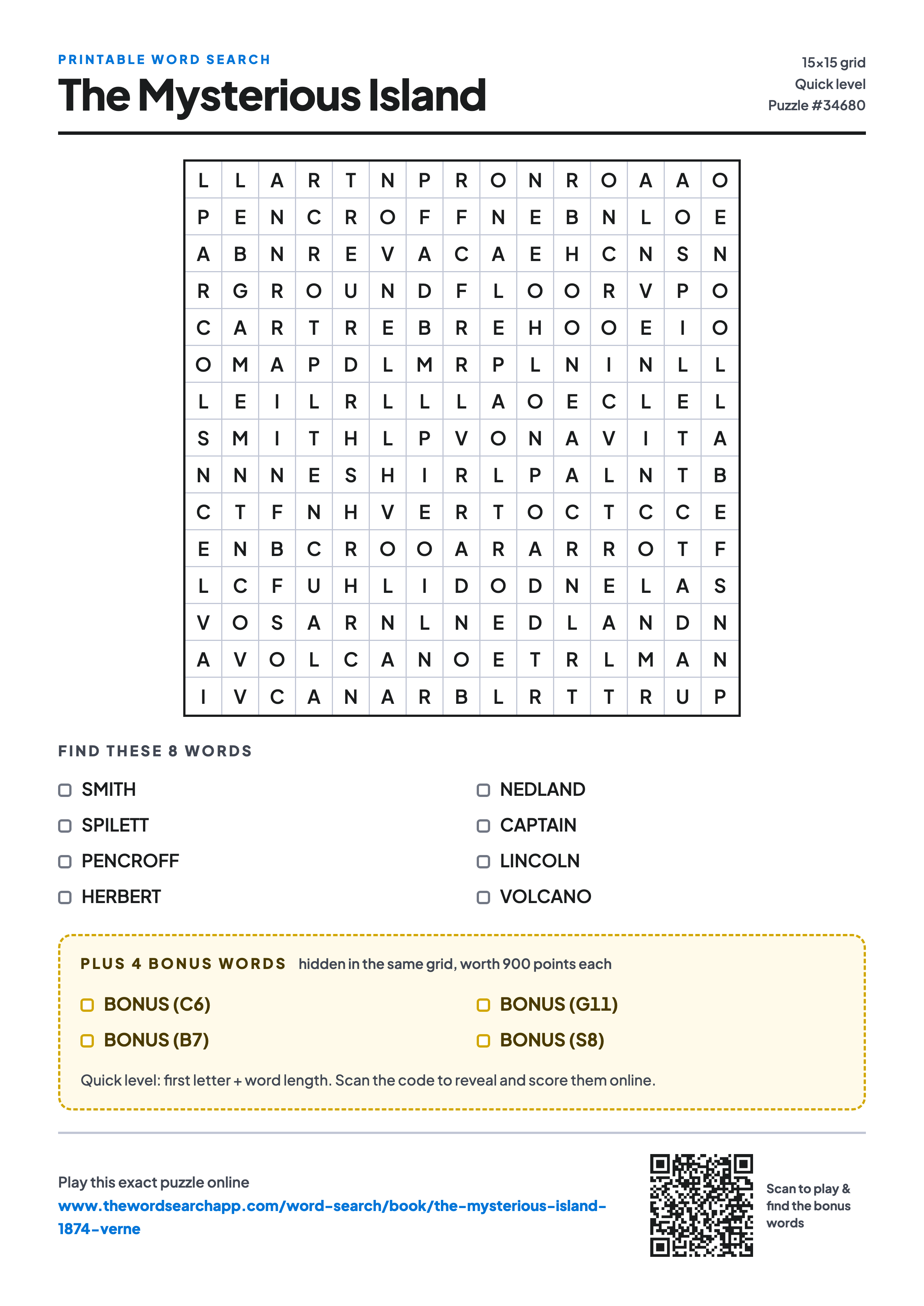Printable The Mysterious Island word search — 15×15 letter grid with 8 words to find including SMITH, SPILETT, PENCROFF, plus 4 hidden bonus words